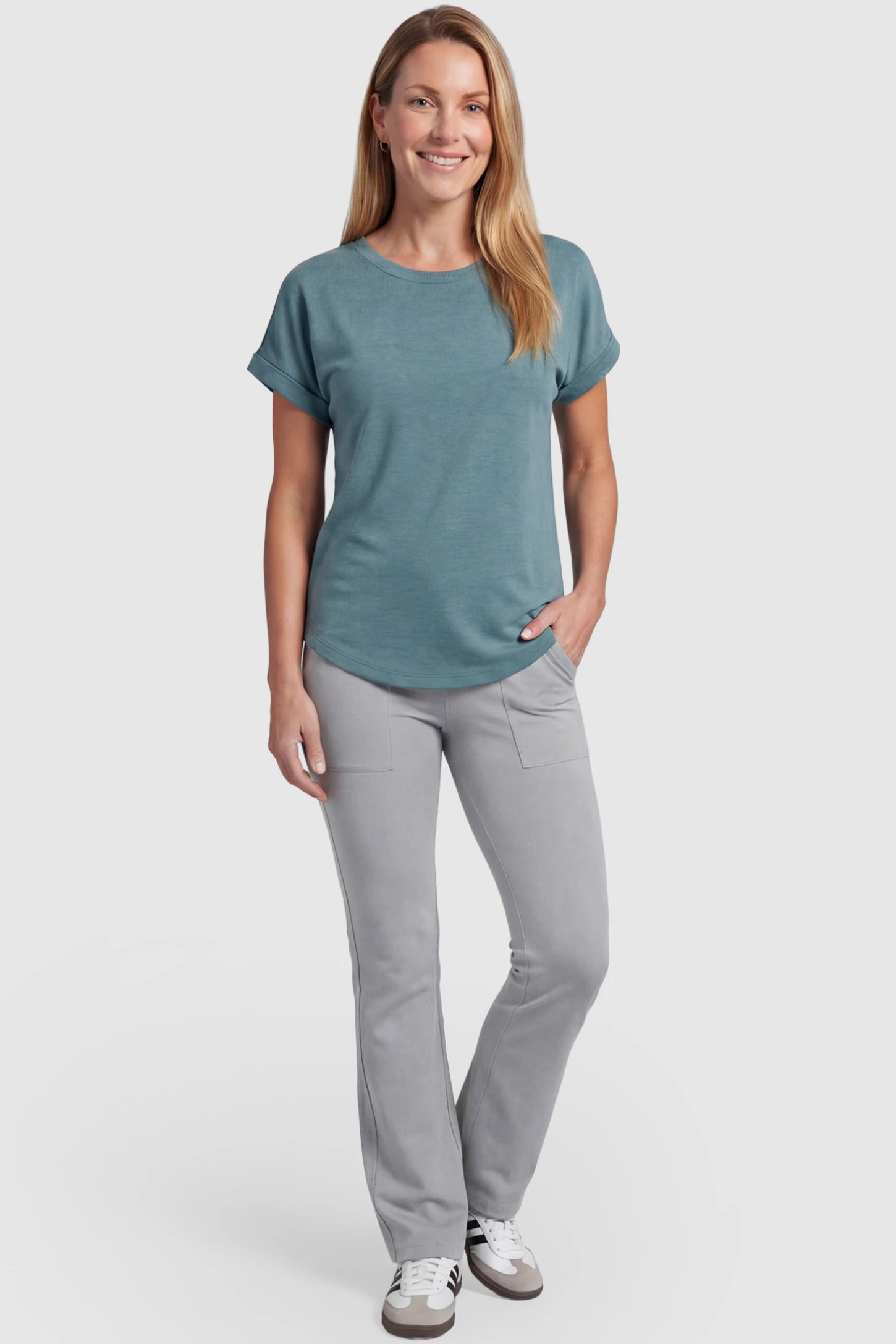 Full Panel Pocketed Flare Leg Maternity Leggings Full Panel Pocketed Flare Leg Maternity Leggings in Gray featuring a ribbed over-the-bump panel on a postpartum model, front view.