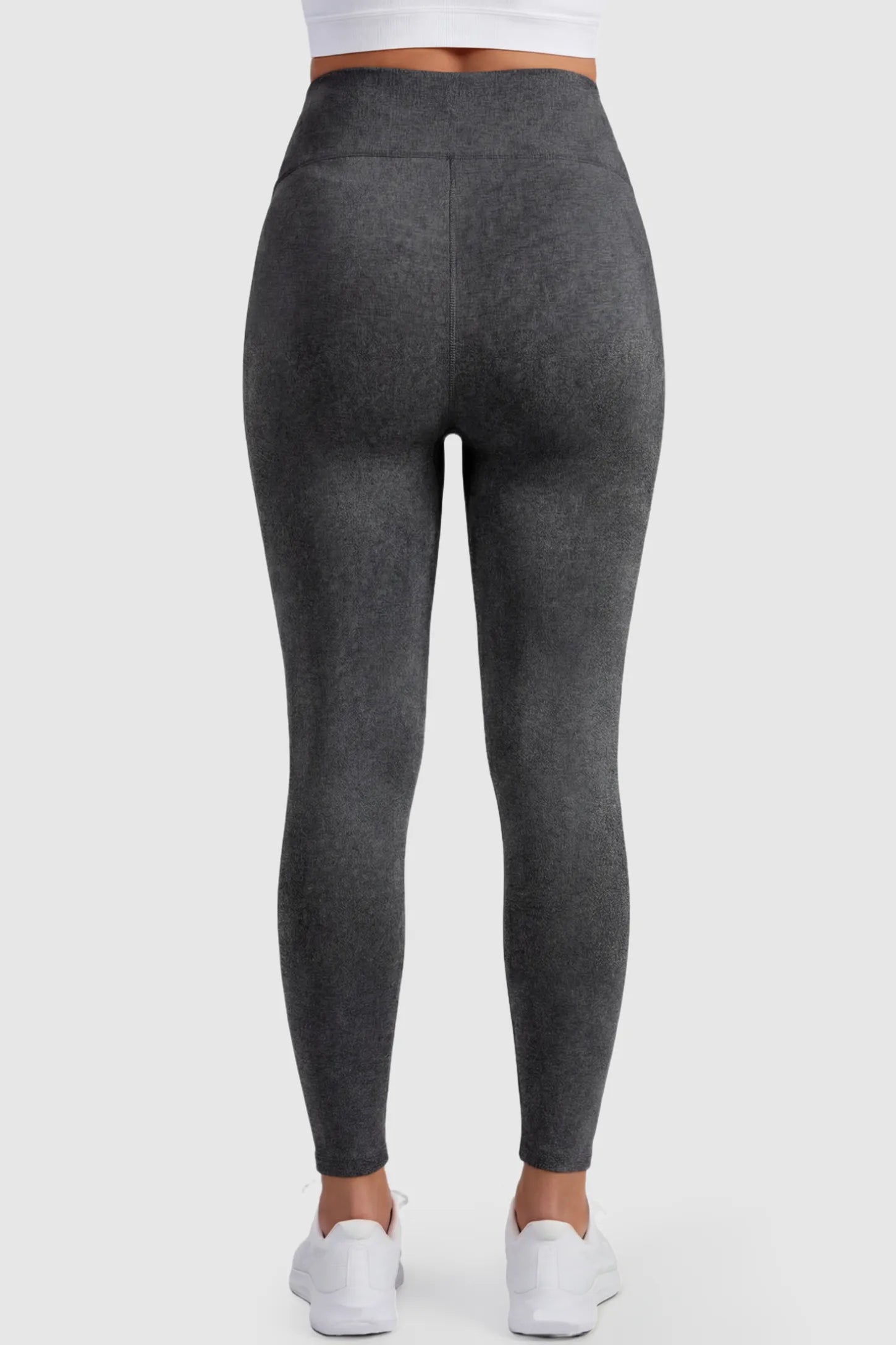 Full Panel Slim Fit Maternity Leggings Full Panel Slim Fit Maternity Leggings in Dark Gray featuring elastic and breathable fabric on a pregnant model, back view.