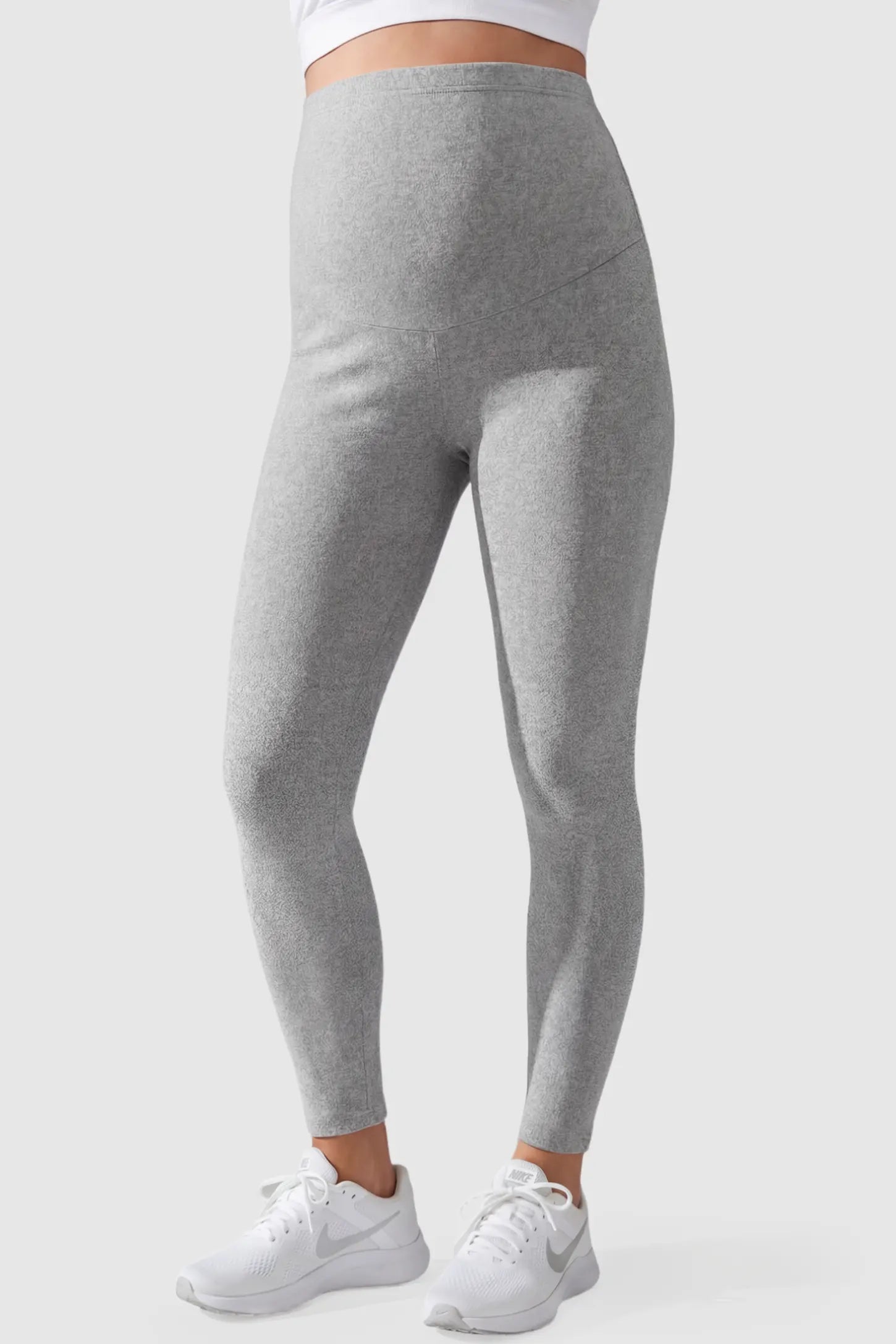 Full Panel Slim Fit Maternity Leggings Full Panel Slim Fit Maternity Leggings in Light Gray featuring a seamless over-the-belly waistband on a pregnant model, front view.