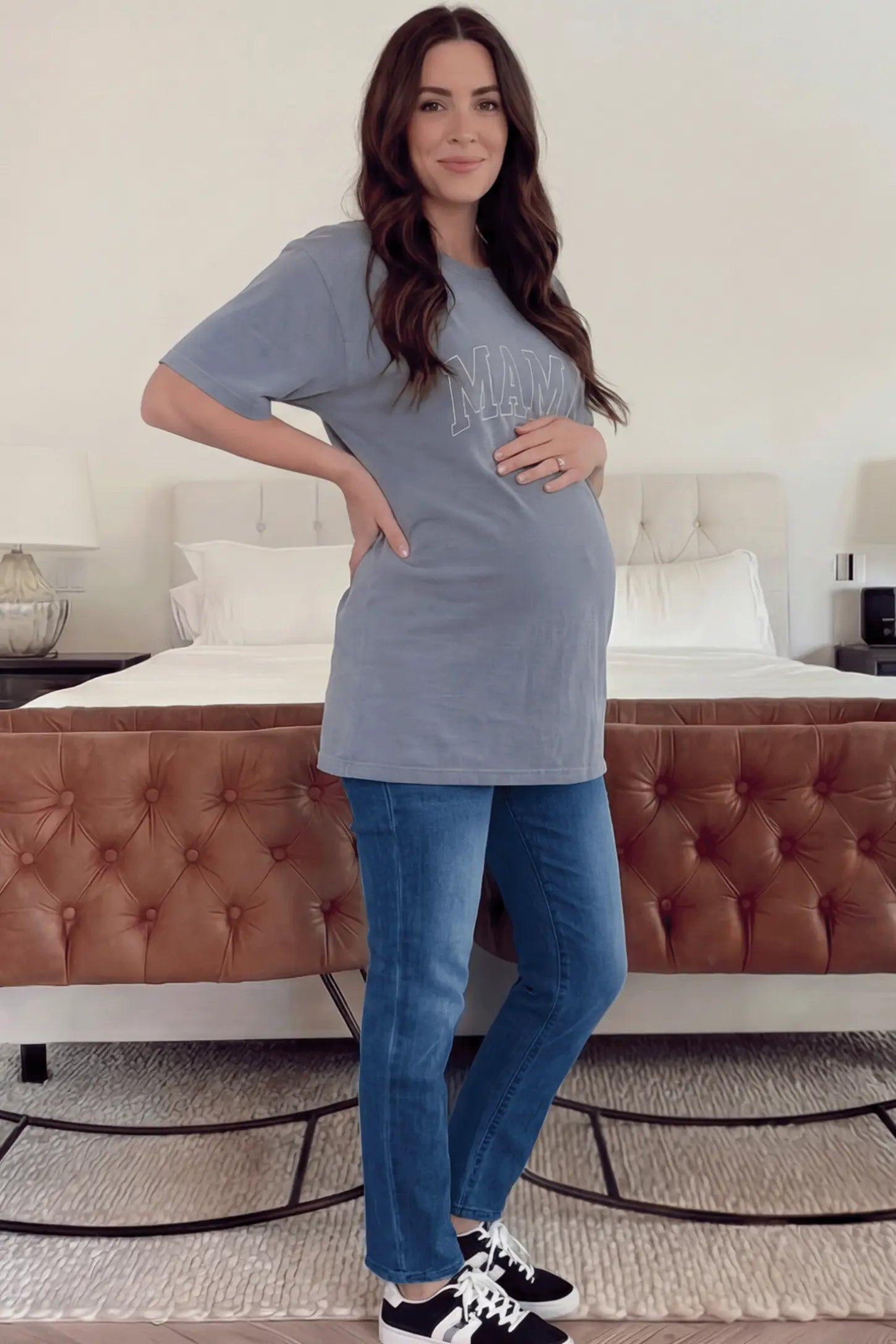 Full Panel Classic Straight Leg Maternity Jeans Full Panel Straight Leg Maternity Jeans in blue featuring a stretch support panel on a pregnant woman side view.