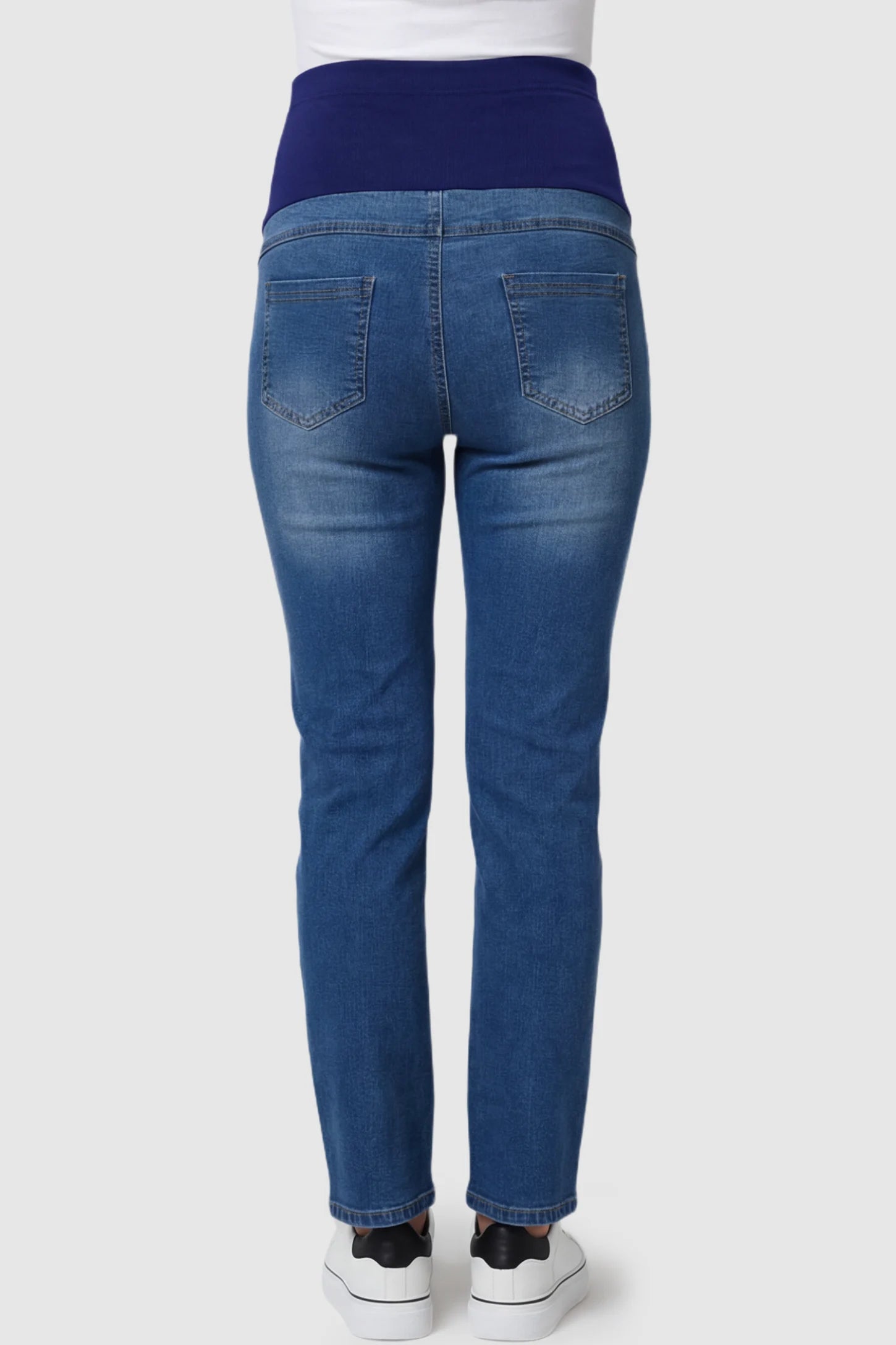 Full Panel Classic Straight Leg Maternity Jeans Full Panel Straight Leg Maternity Jeans in blue featuring a stretch support panel on a pregnant model back view.