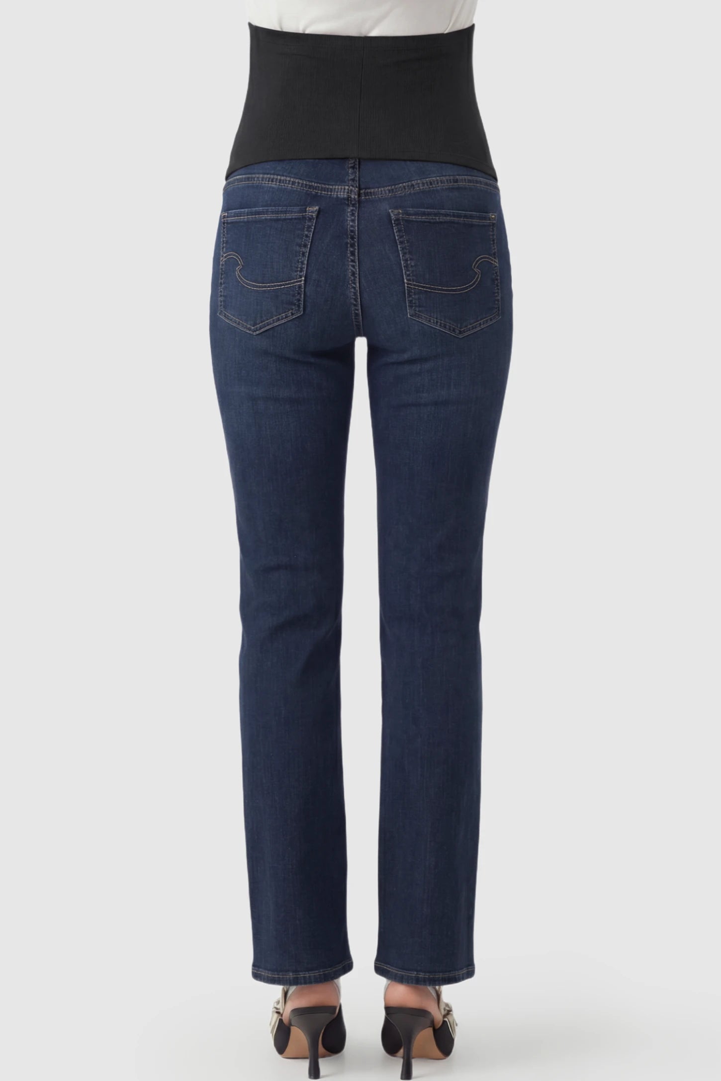 Full Panel Classic Straight Leg Maternity Jeans Full Panel Straight Leg Maternity Jeans in dark blue featuring a stretch support panel on a pregnant model showing back.