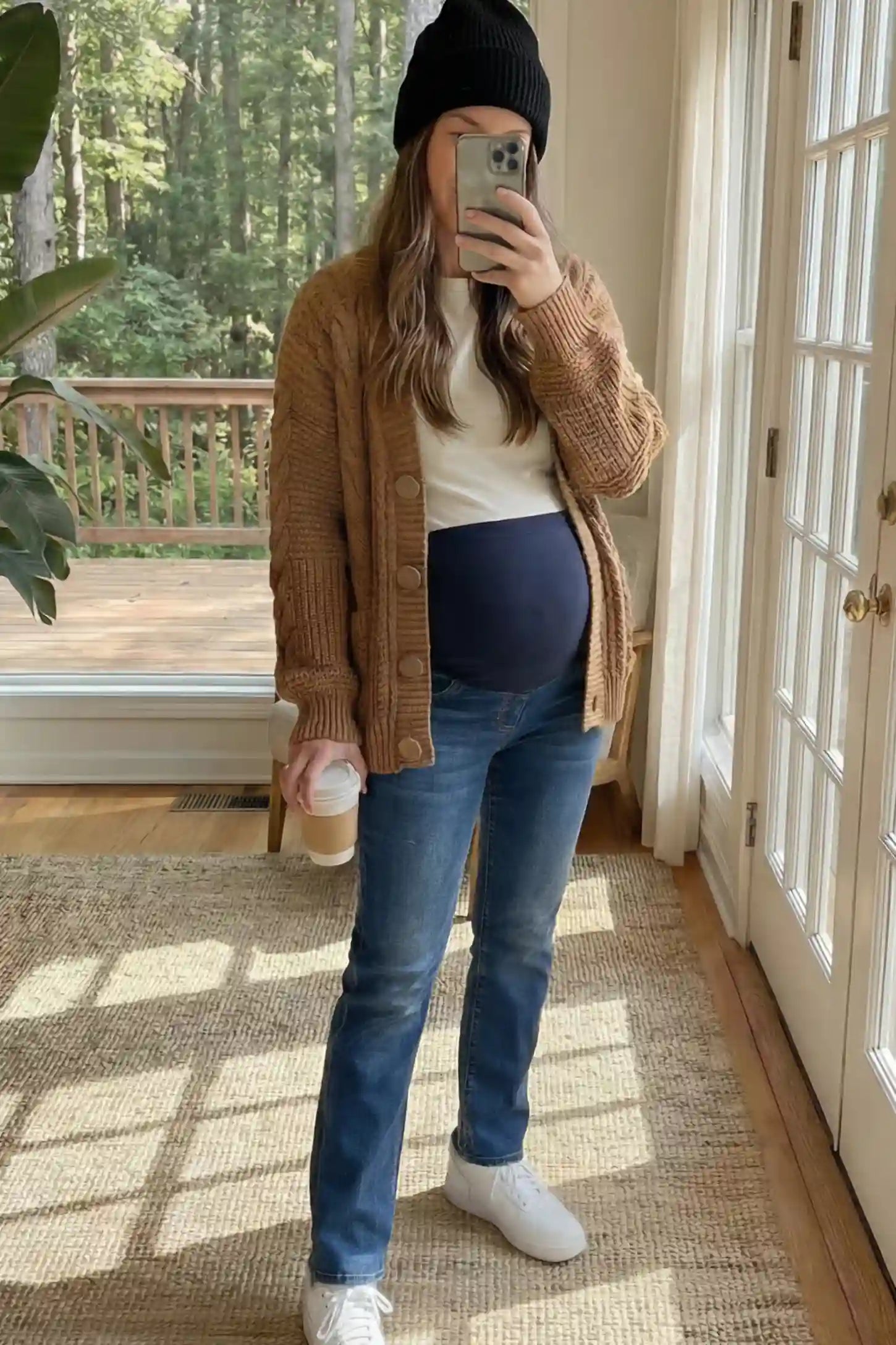 Full Panel Stretch Straight Leg Maternity Jeans Full Panel Stretch Straight Leg Maternity Jeans in Blue featuring a seamless navy waistband on a pregnant woman facing front.