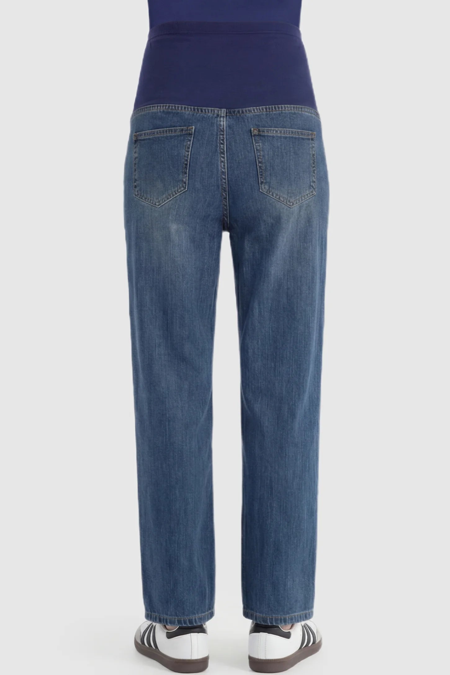 Full Panel Stretch Waistband Straight Leg Maternity Jeans Full Panel Straight Leg Maternity Jeans in Blue featuring a stretch waistband on a pregnant model showing back.