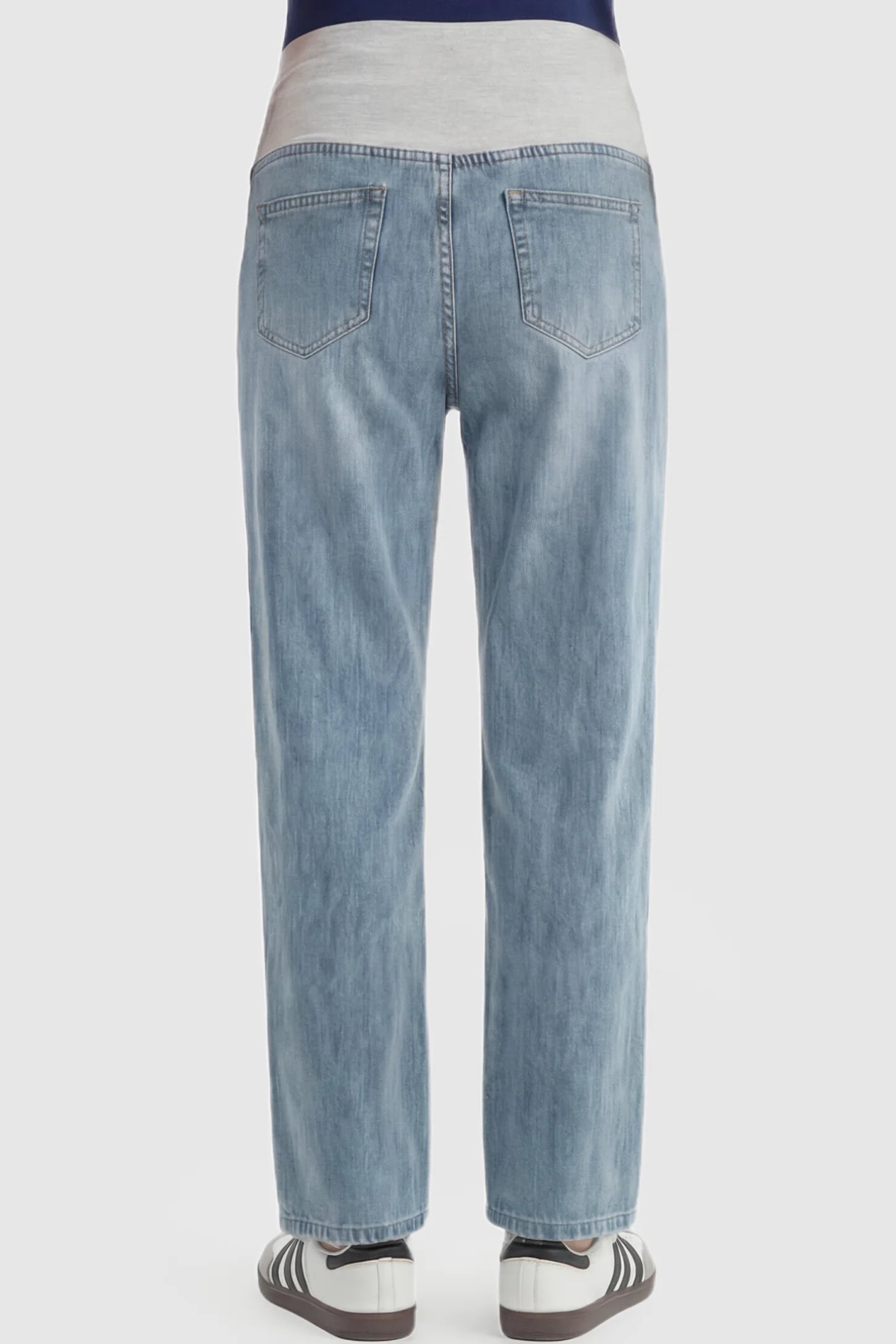 Full Panel Stretch Waistband Straight Leg Maternity Jeans Full Panel Straight Leg Maternity Jeans in light Blue featuring a stretch waistband on a pregnant model showing back.