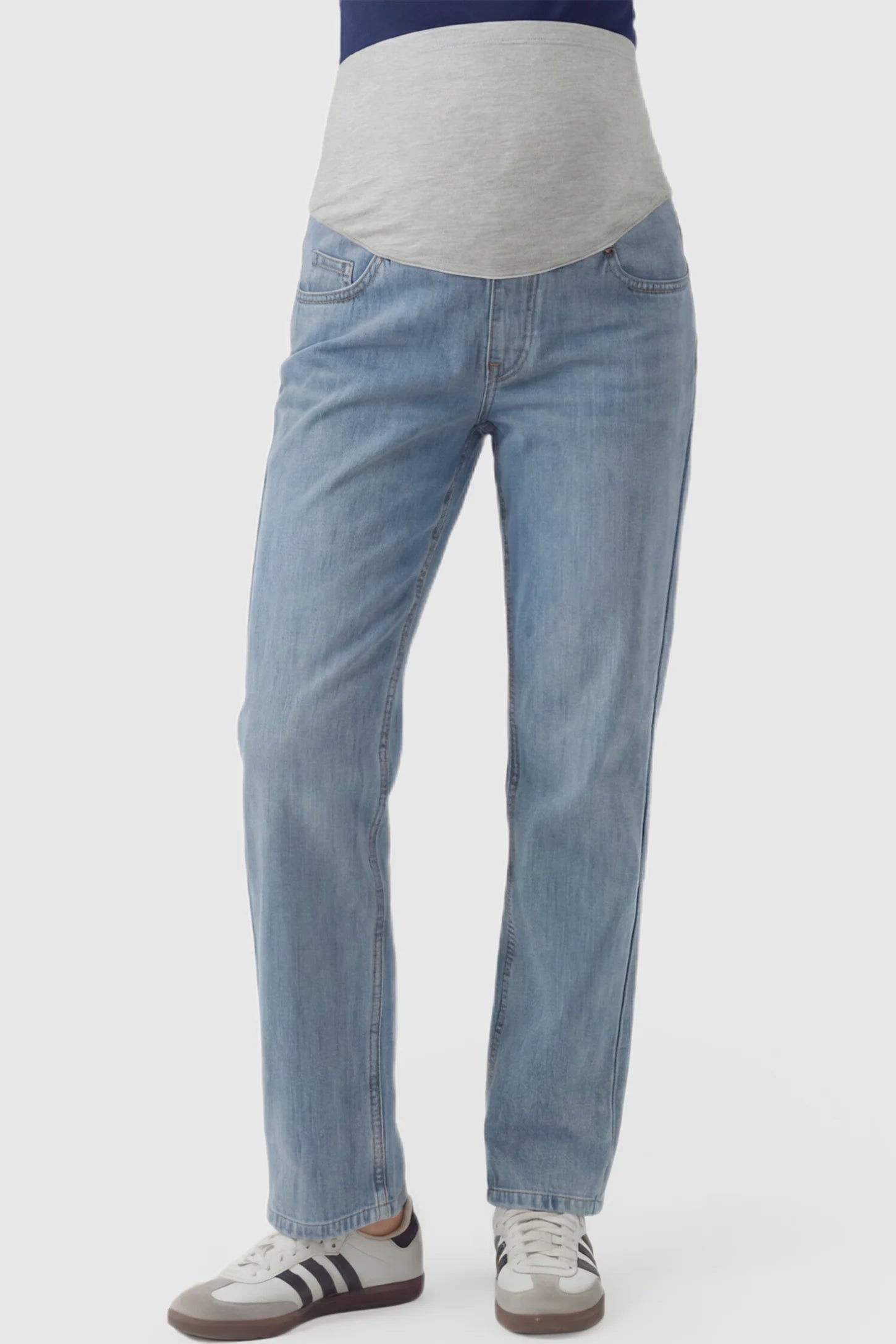 Full Panel Stretch Waistband Straight Leg Maternity Jeans Full Panel Straight Leg Maternity Jeans in light Blue featuring a stretch waistband on a pregnant model showing front.