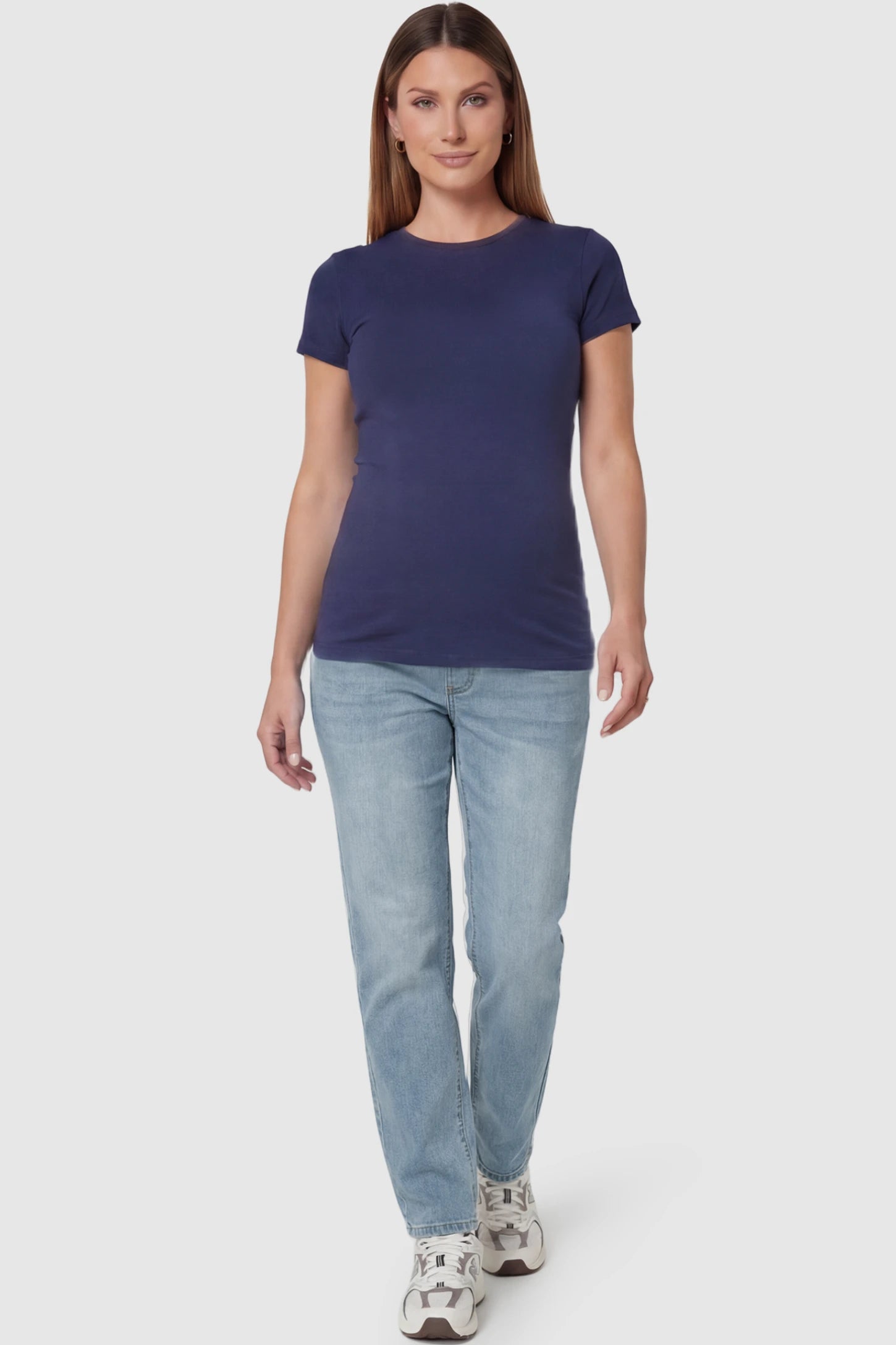 Full Panel Stretch Waistband Straight Leg Maternity Jeans Full Panel Straight Leg Maternity Jeans in light Blue featuring a stretch waistband on a pregnant model facing front.
