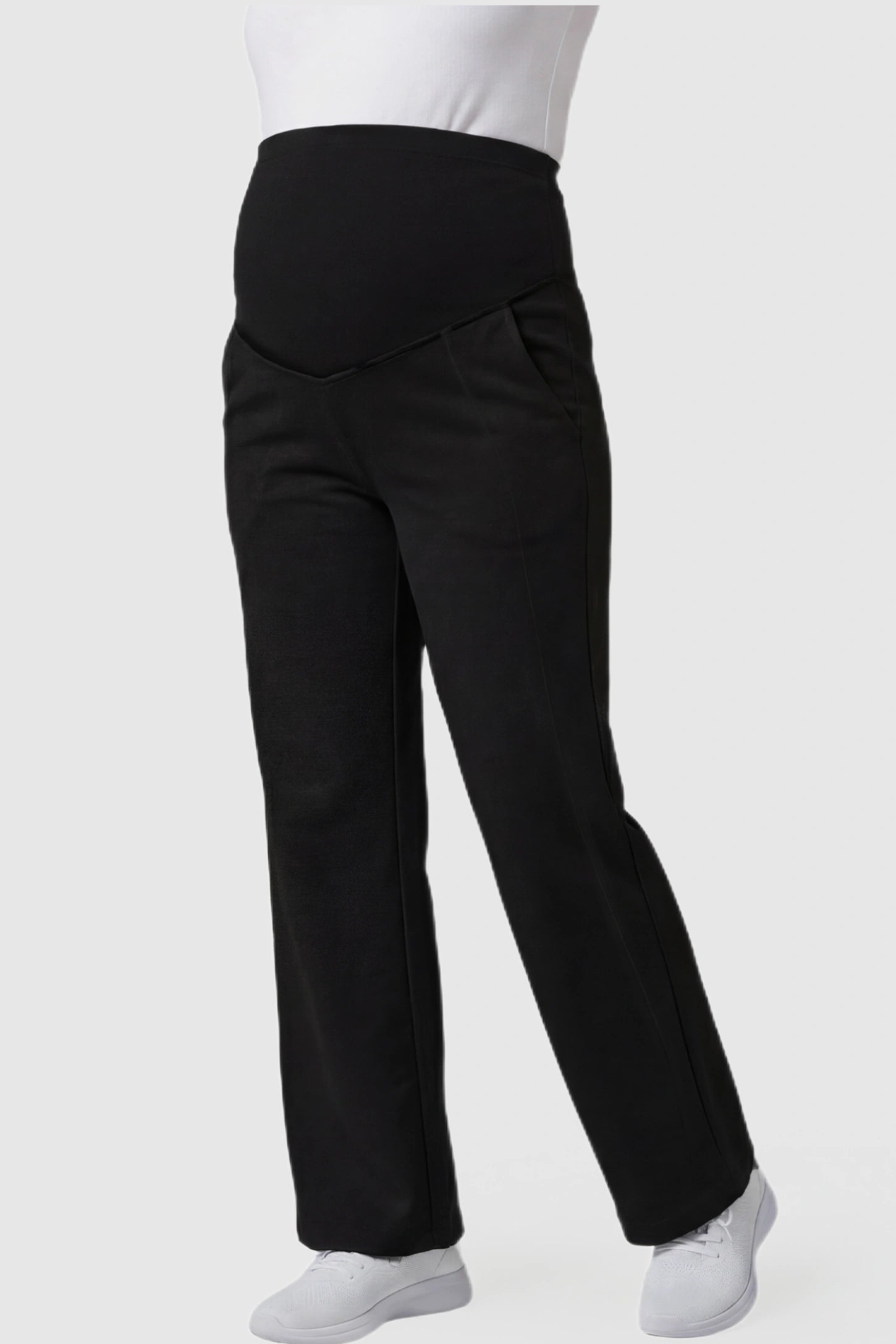 Full Panel Wide Leg Maternity Lounge Pants Full Panel Wide Leg Maternity Lounge Pants in black featuring a high-stretch full belly panel and pockets on a pregnant model showing front.