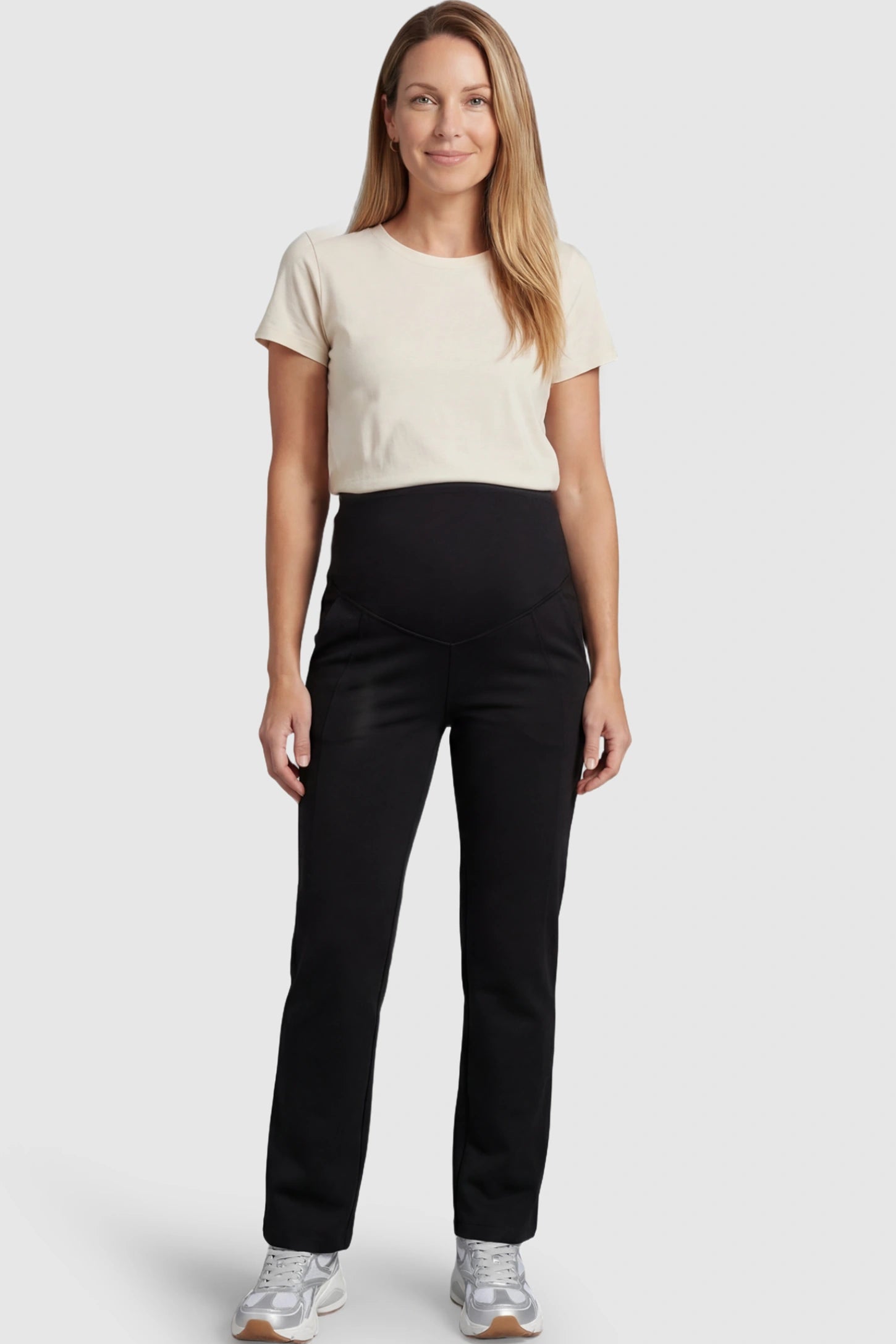 Full Panel Wide Leg Maternity Lounge Pants Full Panel Wide Leg Maternity Lounge Pants in black featuring a high-stretch full belly panel and pockets on a postpartum model showing front.