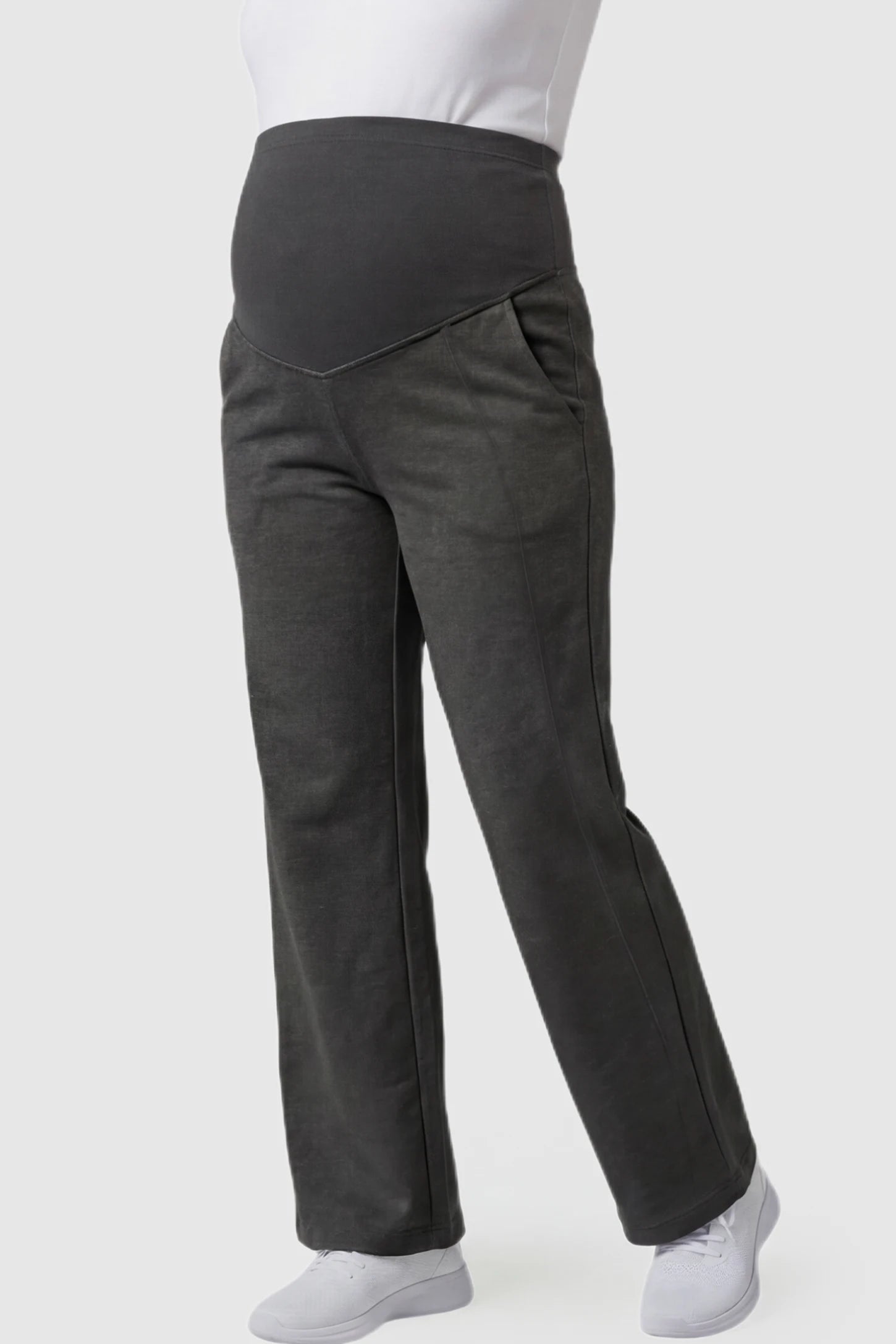 Full Panel Wide Leg Maternity Lounge Pants Full Panel Wide Leg Maternity Lounge Pants in Dark Gray featuring a high-stretch full belly panel and pockets on a pregnant model showing front.