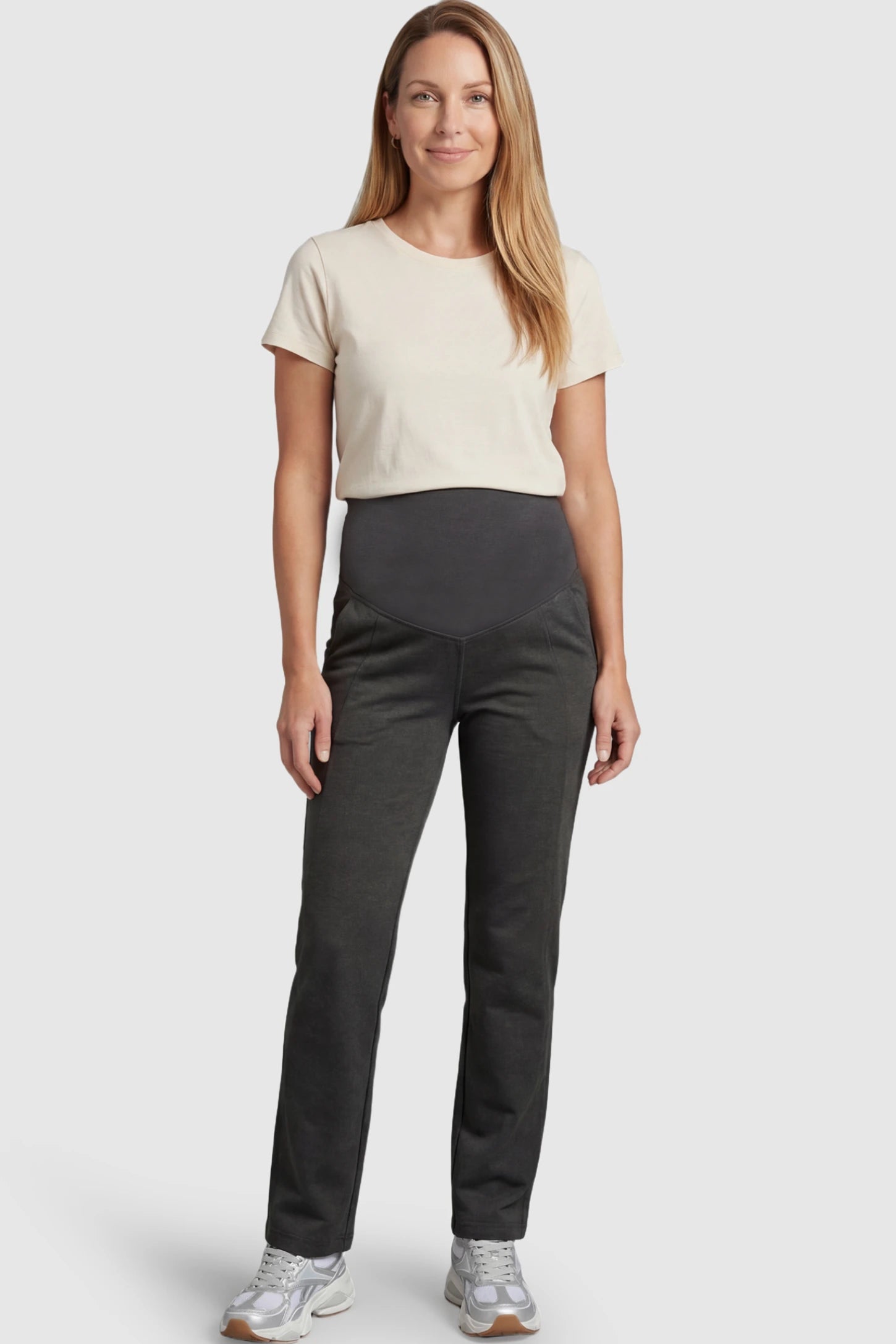 Full Panel Wide Leg Maternity Lounge Pants Full Panel Wide Leg Maternity Lounge Pants in dark gray featuring a high-stretch full belly panel and pockets on a postpartum model showing front.