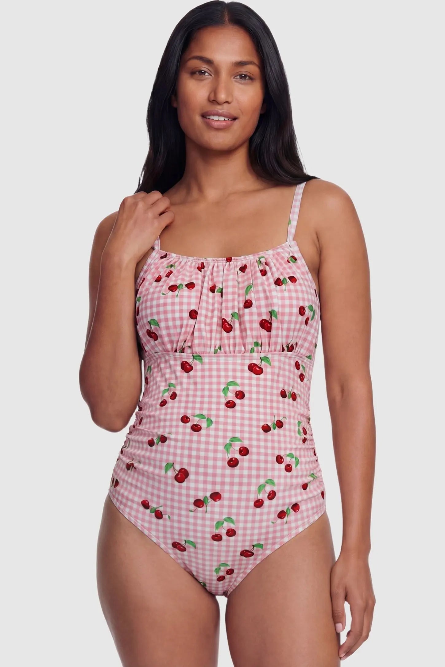 Gingham Matte Ruched Fit Maternity Swimsuit Gingham Matte Ruched Fit Maternity Swimsuit in pink featuring flexible fit and gentle tummy control, postpartum front view on non pregnant model.