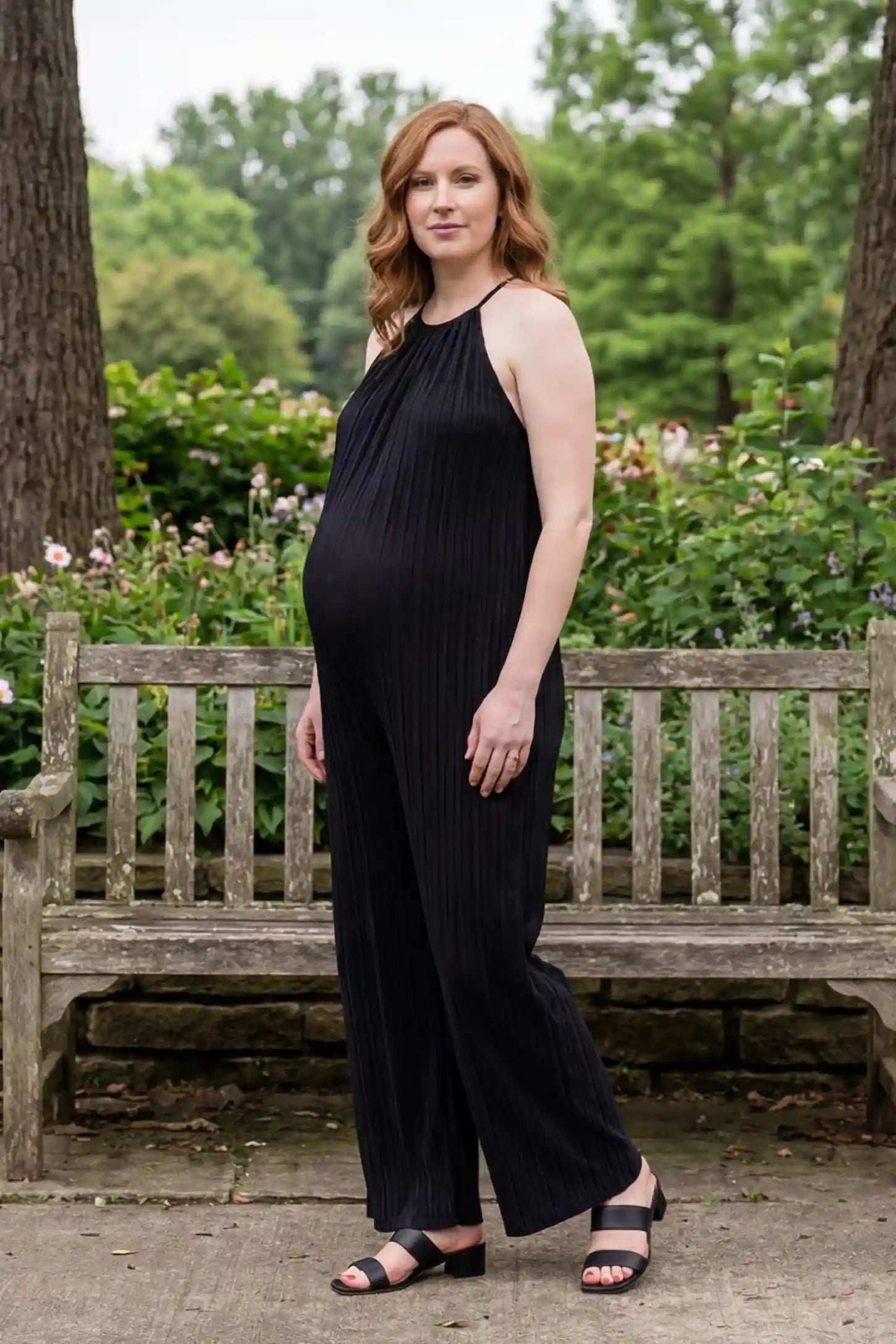 Halter Neck Wide Leg Pocketed Maternity Jumpsuit Halter Neck Wide Leg Pocketed Maternity Jumpsuit in Black featuring a ribbed halter neckline on a pregnant model, editorial lifestyle view.