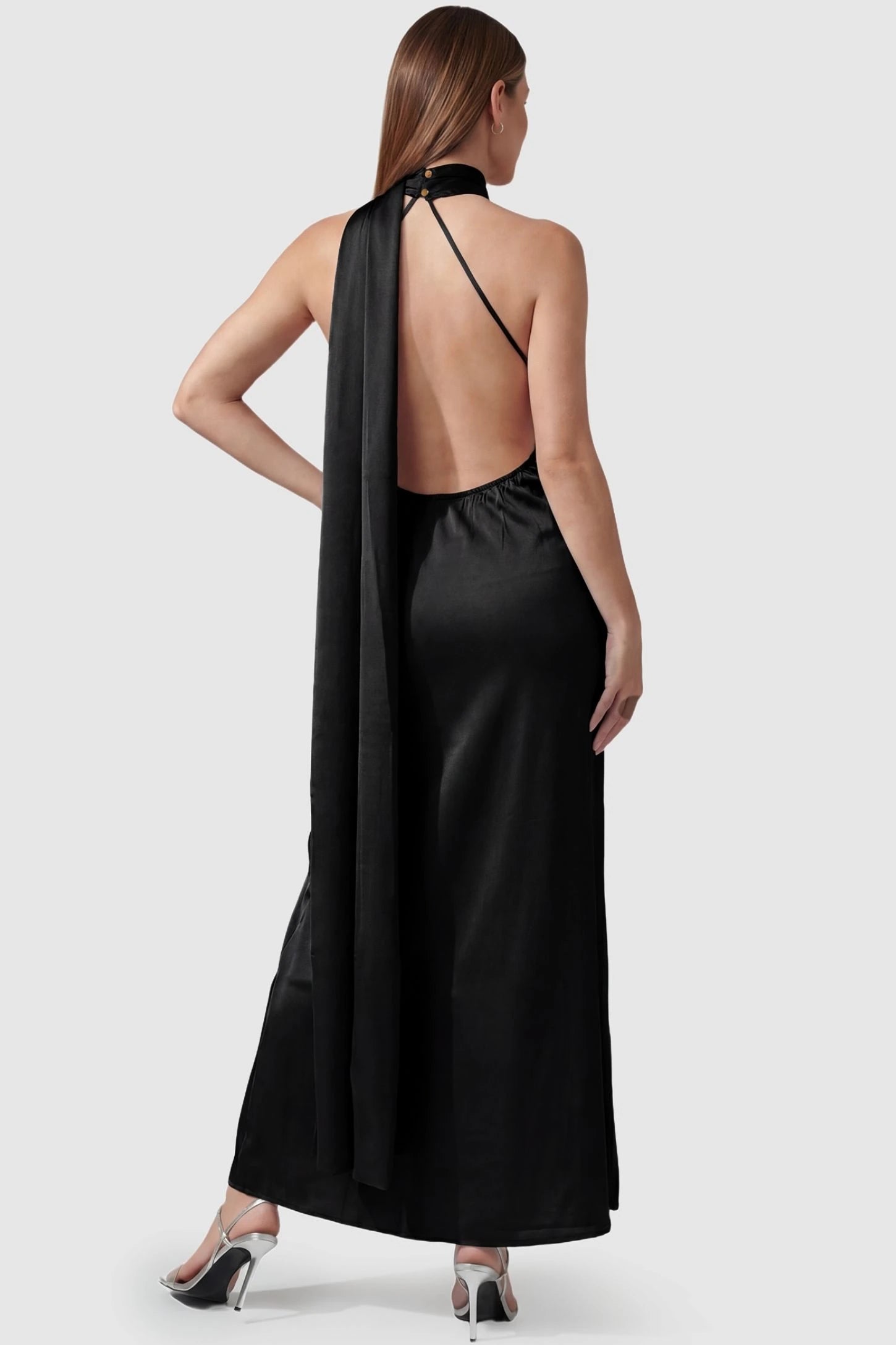 High-Shine Halter Sleeveless Maternity Maxi Dress High-Shine Halter Sleeveless Maternity Maxi Dress in Black featuring a low open back on a pregnant model, back view