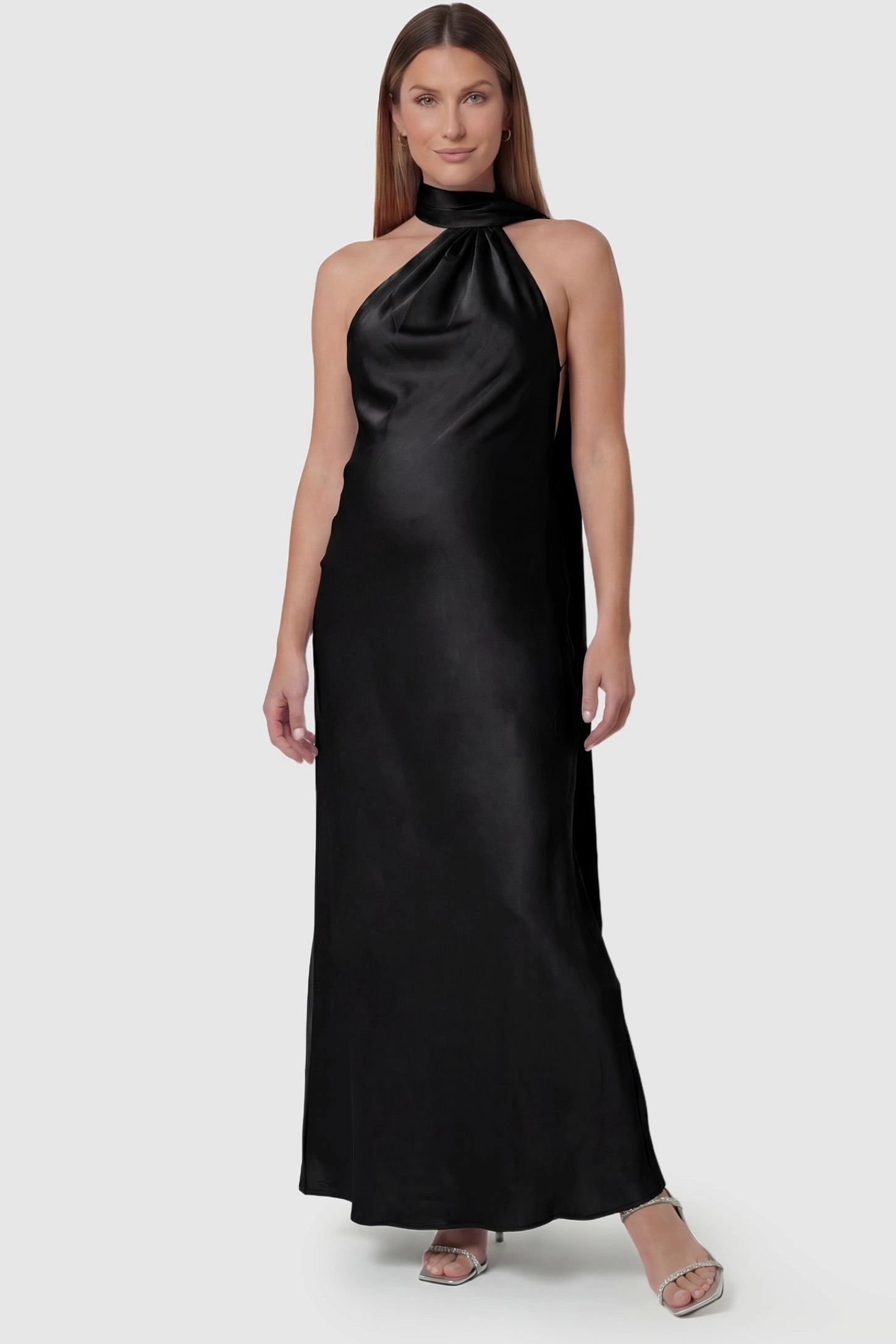 High-Shine Halter Sleeveless Maternity Maxi Dress in Black featuring a draped cowl neck on a pregnant model, front view.