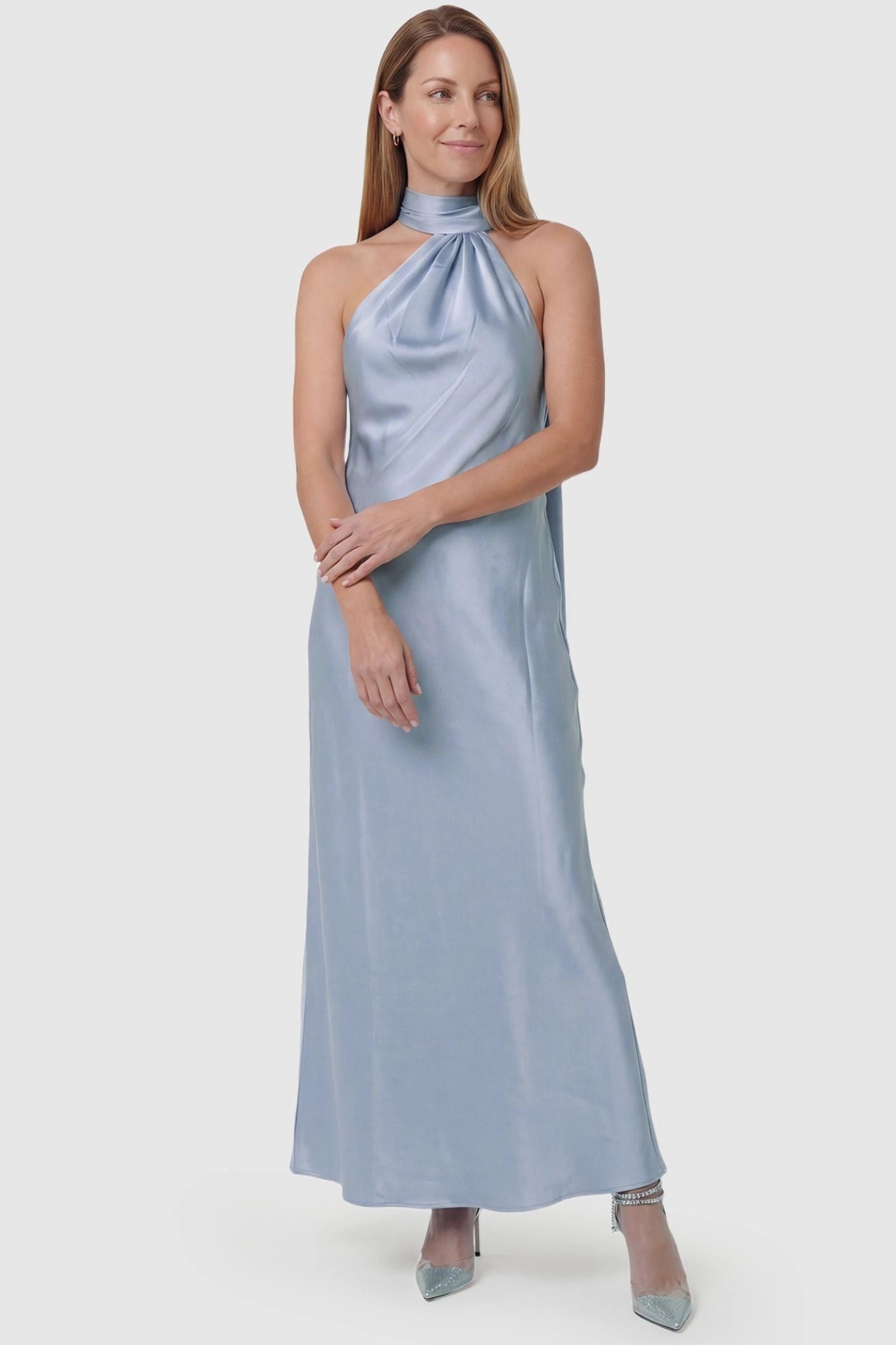 High-Shine Halter Sleeveless Maternity Maxi Dress High-Shine Halter Sleeveless Maternity Maxi Dress in Blue featuring a versatile waist on a non-pregnant model, front view.