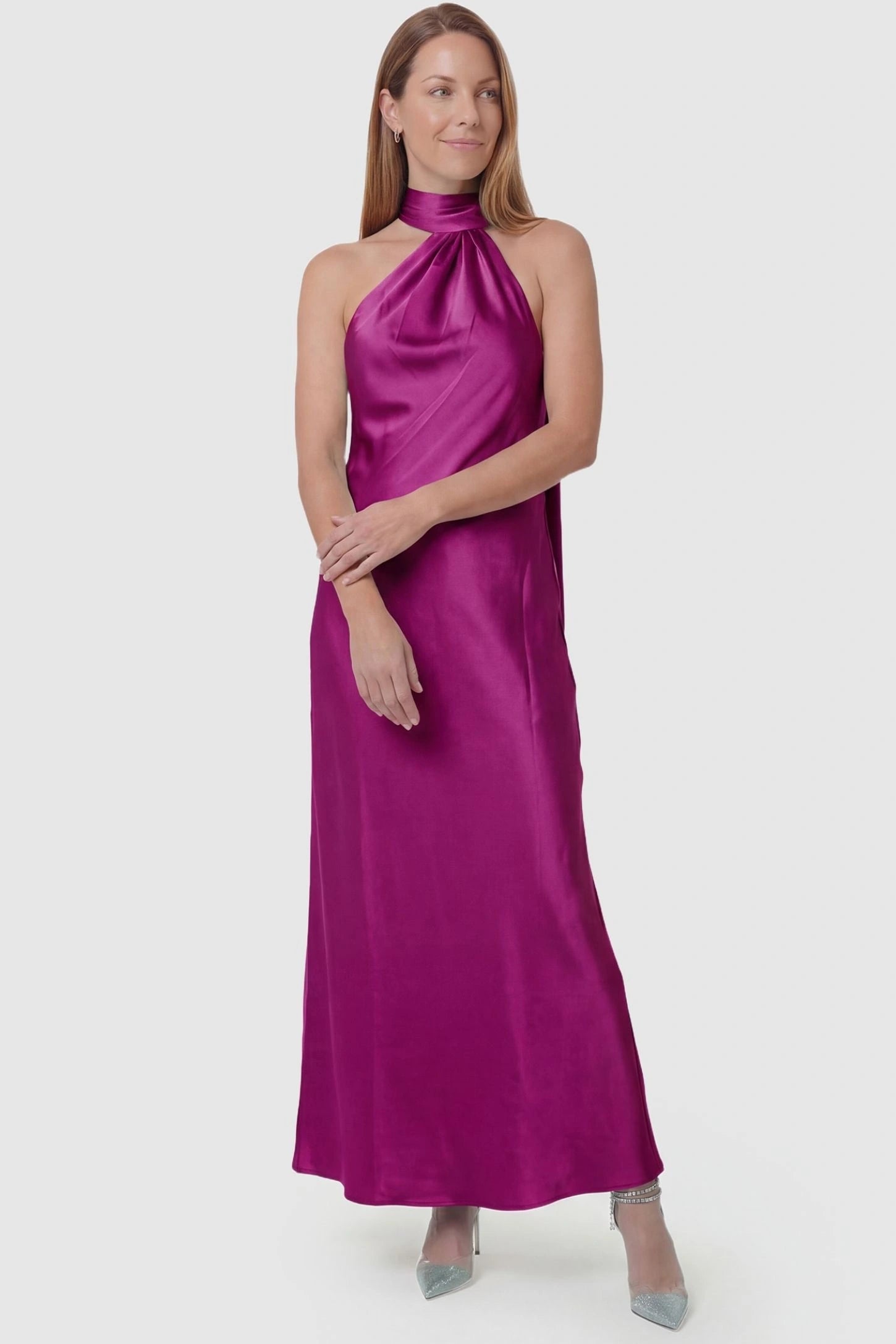 High-Shine Halter Sleeveless Maternity Maxi Dress High-Shine Halter Sleeveless Maternity Maxi Dress in Pink featuring a bump-friendly cut on a non-pregnant model, front view.