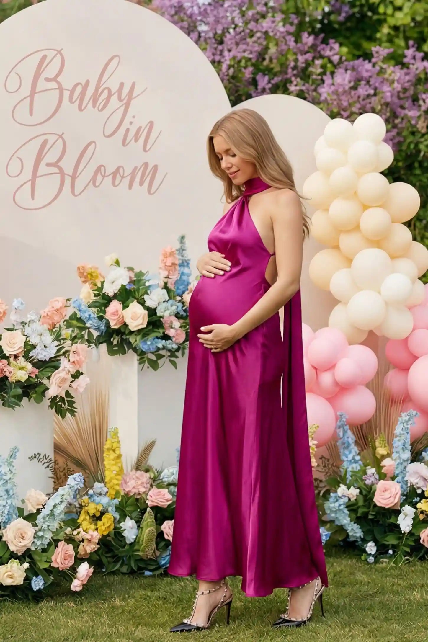 High-Shine Halter Sleeveless Maternity Maxi Dress High-Shine Halter Sleeveless Maternity Maxi Dress in Pink featuring an elevated formal look on a pregnant model at an event.