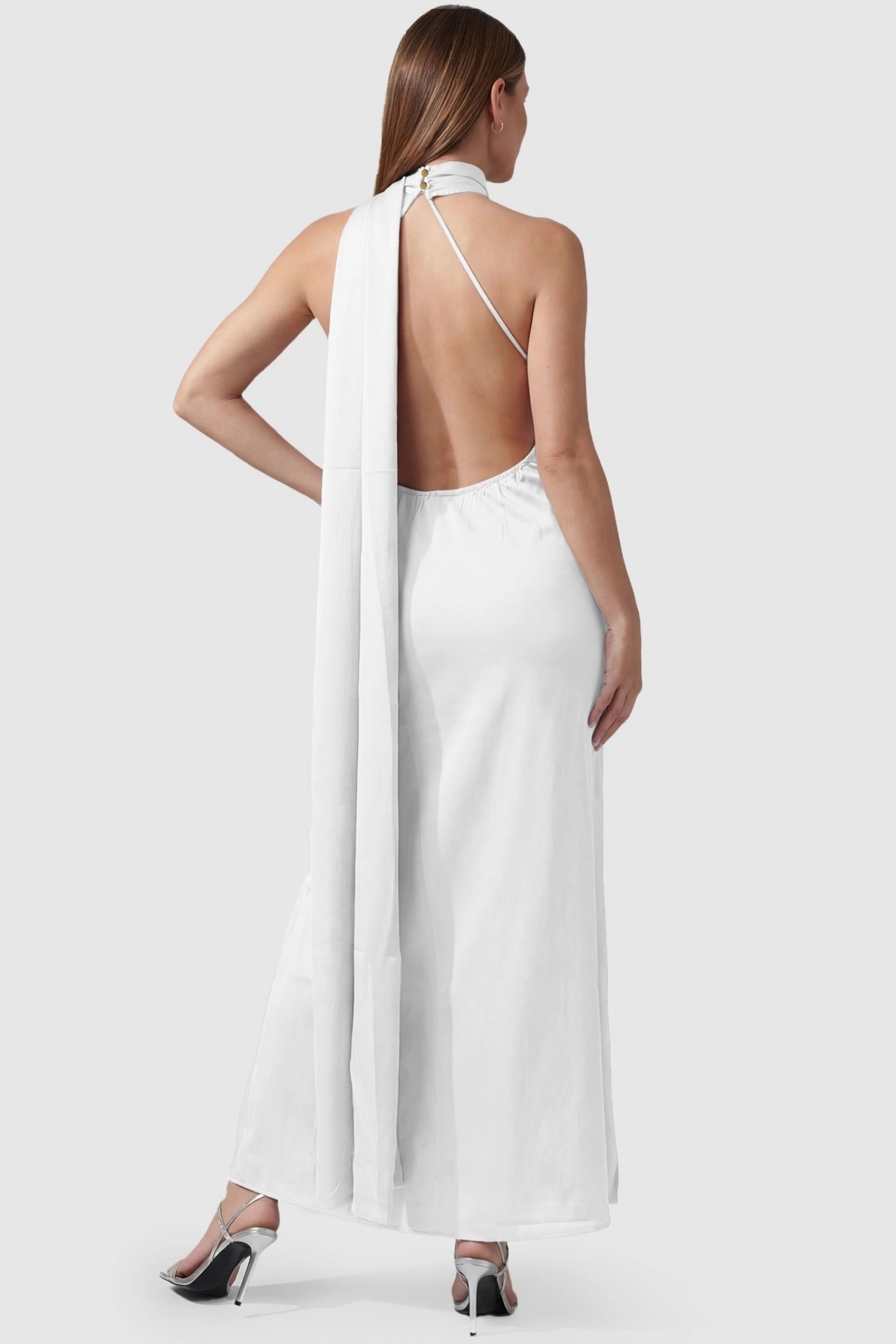 High-Shine Halter Sleeveless Maternity Maxi Dress High-Shine Halter Sleeveless Maternity Maxi Dress in White featuring alow-open back on a pregnant model, back view.
