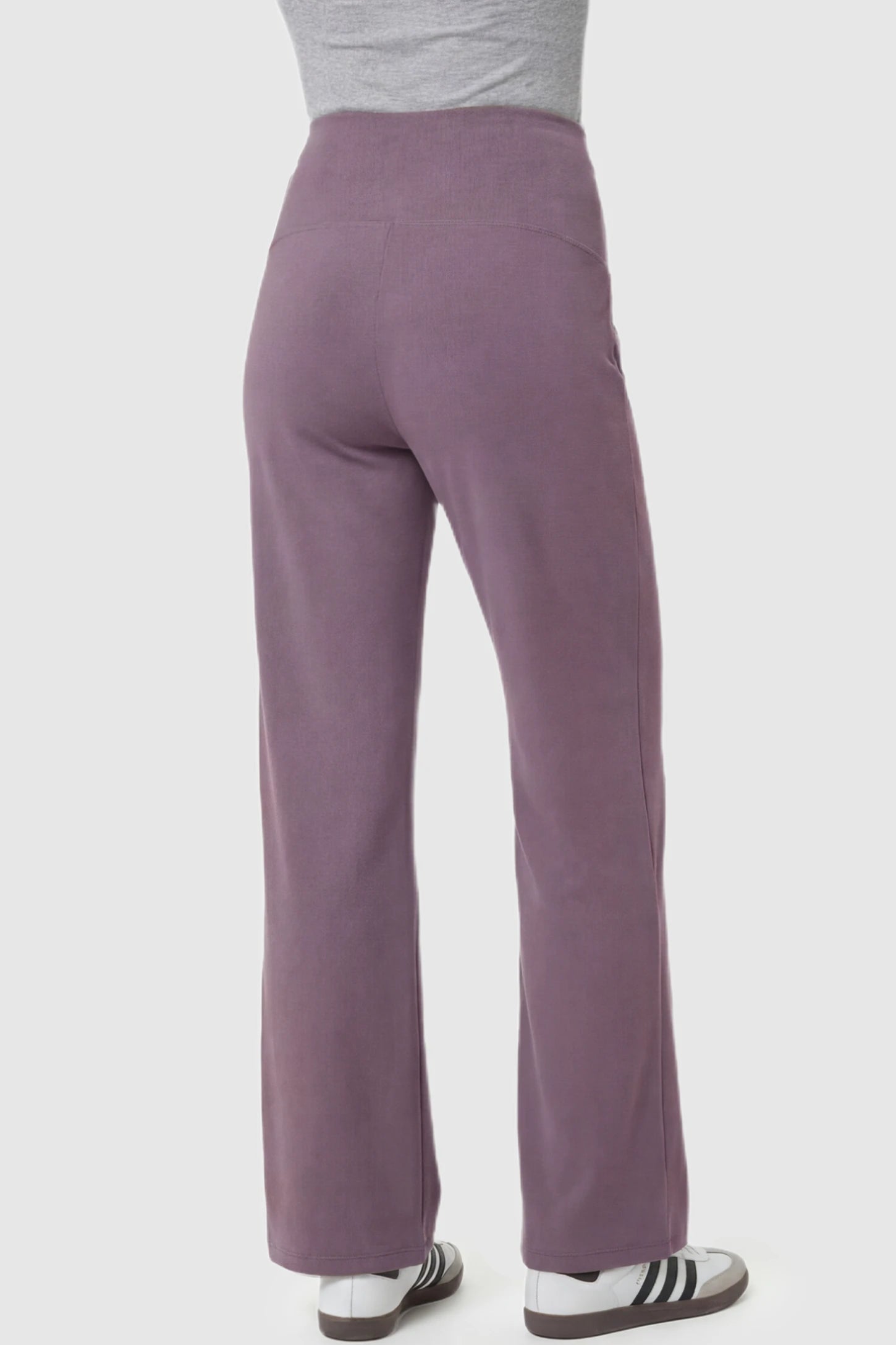 High Stretch Wide Leg Pocketed Maternity Pants High-Stretch Wide Leg Pocketed Maternity Pants in Brown featuring a high stretch on a pregnant model showing back.
