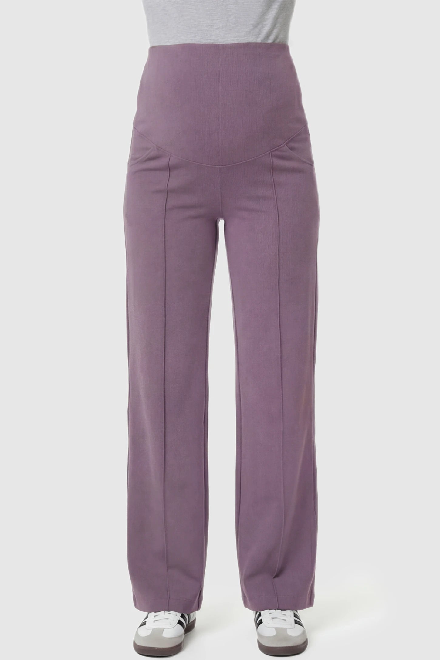 High Stretch Wide Leg Pocketed Maternity Pants High-Stretch Wide Leg Pocketed Maternity Pants in Brown featuring a seamless over-the-bump panel and side pocket on a pregnant model front view.