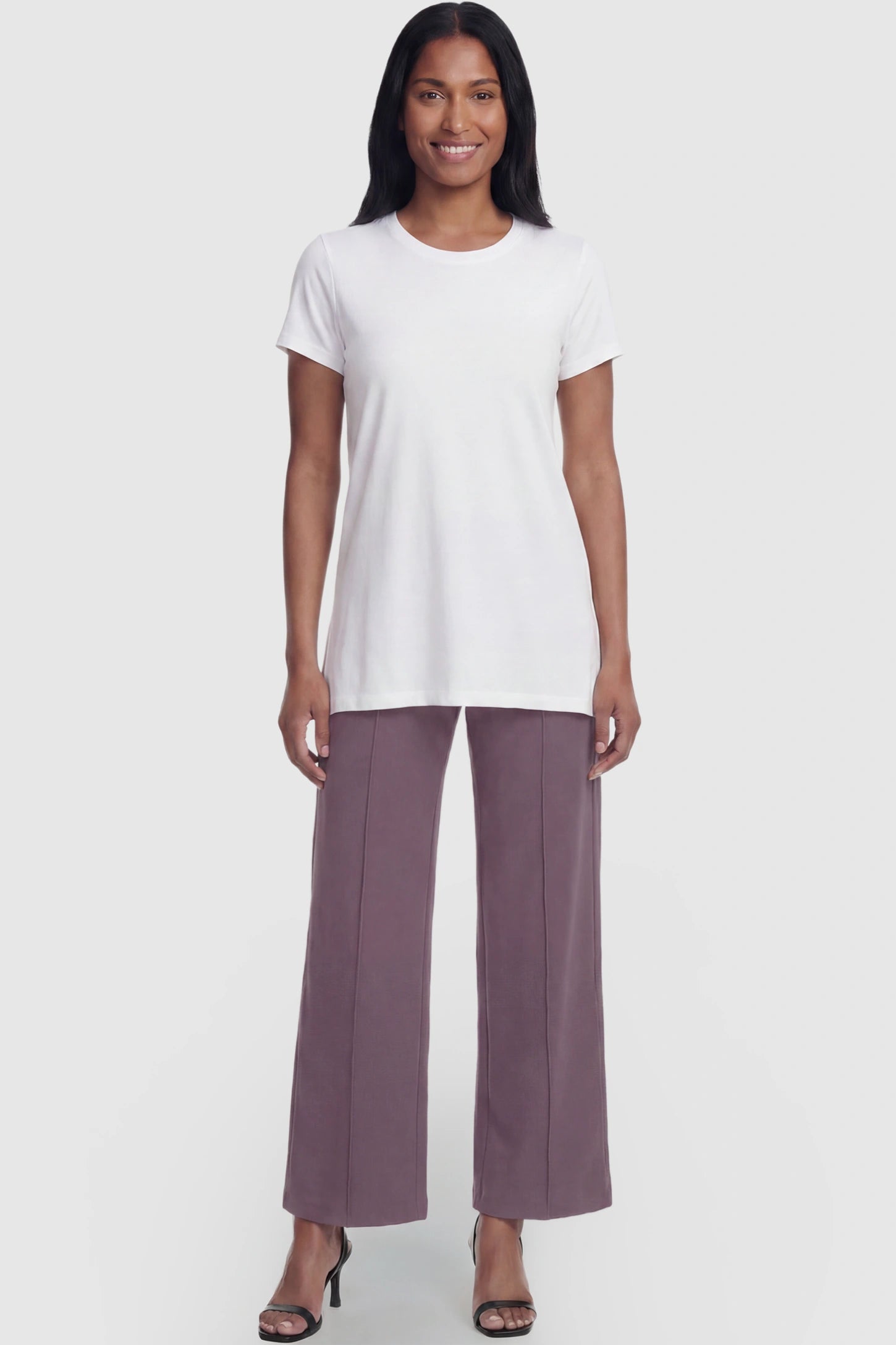 High Stretch Wide Leg Pocketed Maternity Pants High-Stretch Wide Leg Pocketed Maternity Pants in Brown featuring a seamless over-the-bump panel and side pocket on a postpartum model, full body view.