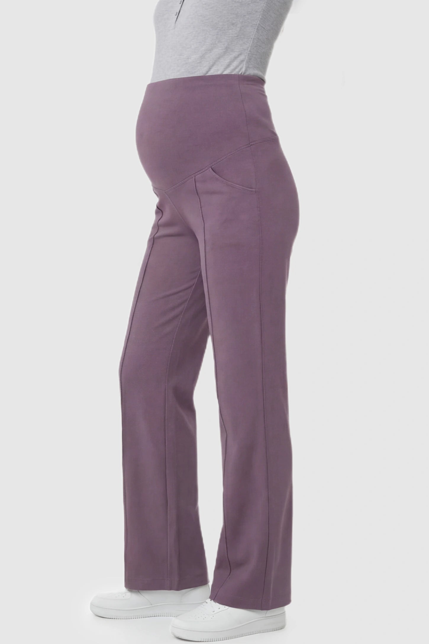 High Stretch Wide Leg Pocketed Maternity Pants High-Stretch Wide Leg Pocketed Maternity Pants in Brown featuring a seamless over-the-bump panel and side pocket on a pregnant model side view.