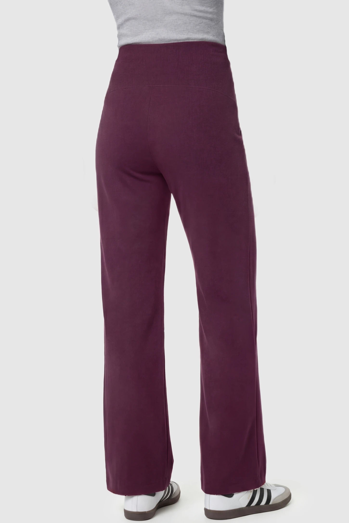 High Stretch Wide Leg Pocketed Maternity Pants High-Stretch Wide Leg Pocketed Maternity Pants in Burgundy featuring a high stretch on a pregnant model showing back.