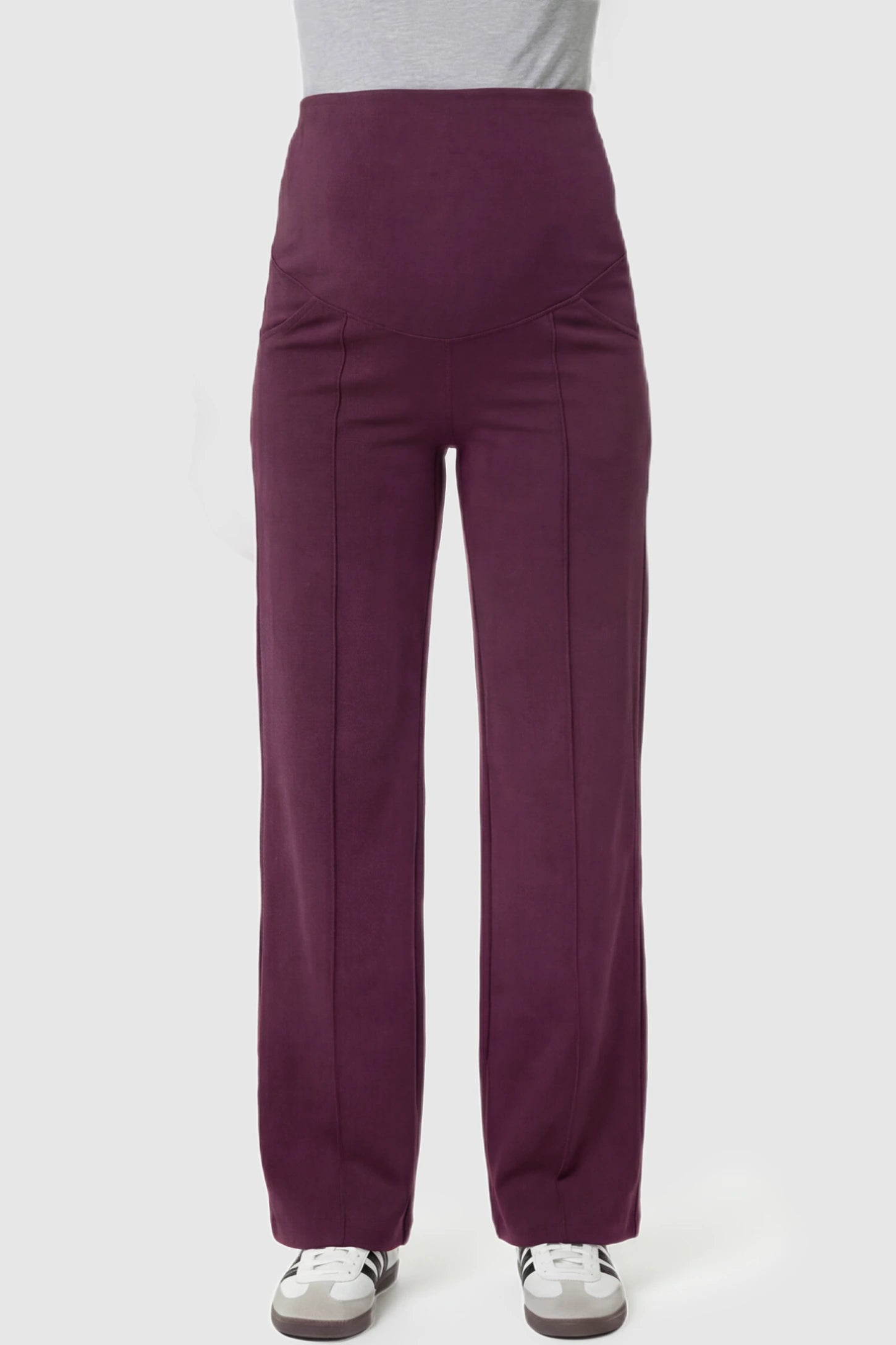 High-Stretch Wide Leg Pocketed Maternity Pants in Burgundy featuring a seamless over-the-bump panel and side pocket on a pregnant model front view.