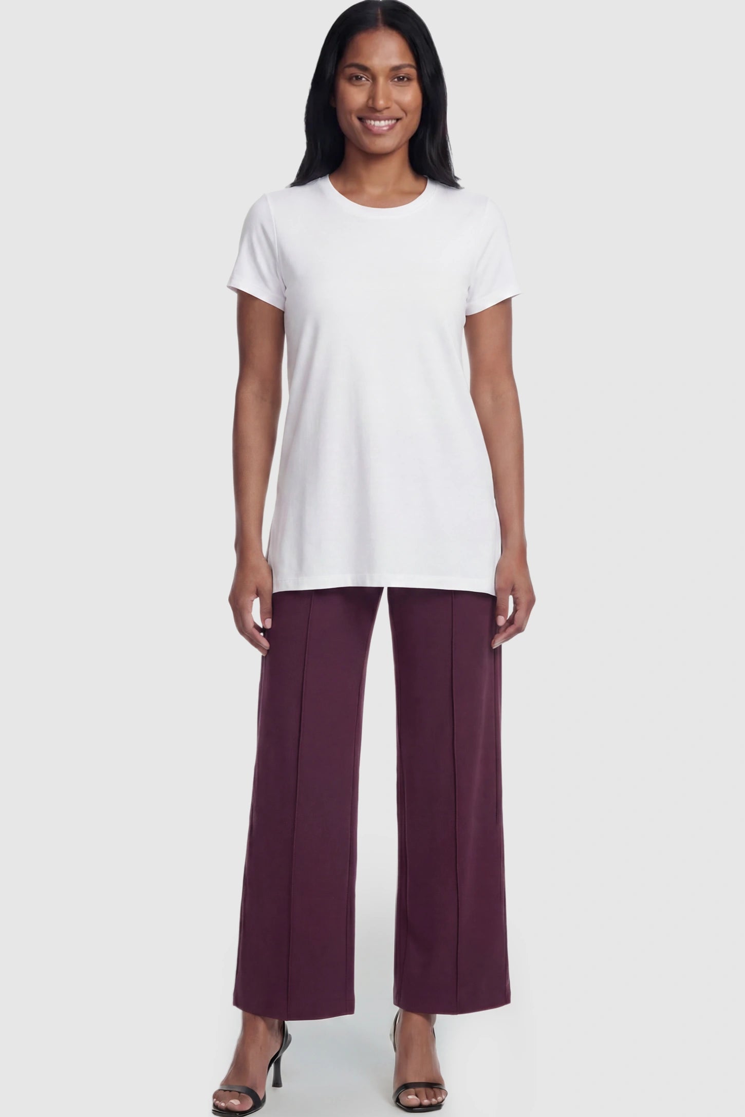 High Stretch Wide Leg Pocketed Maternity Pants High-Stretch Wide Leg Pocketed Maternity Pants in Burgundy featuring a seamless over-the-bump panel and side pocket on a postpartum model, full body view.