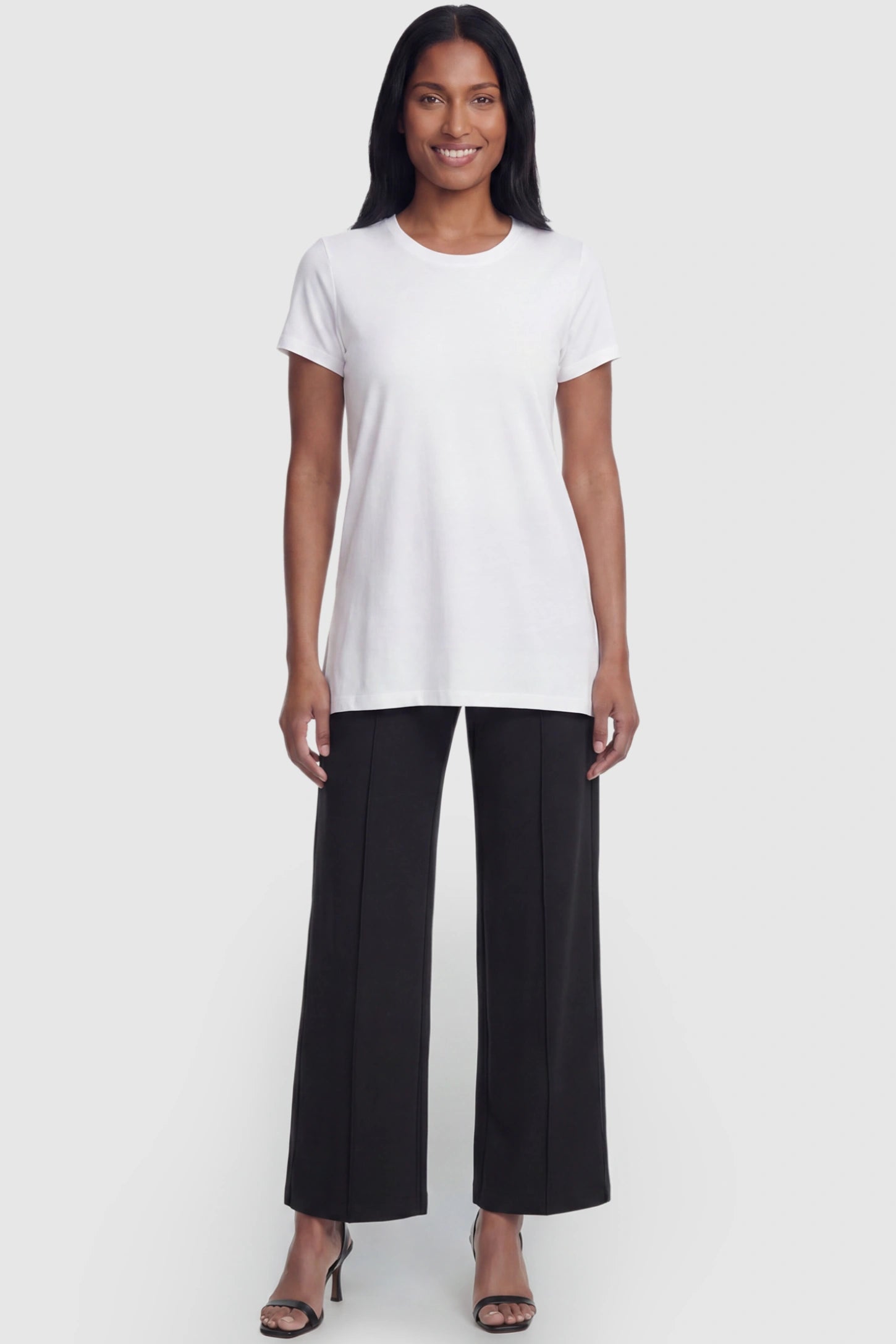High Stretch Wide Leg Pocketed Maternity Pants High-Stretch Wide Leg Pocketed Maternity Pants in Black featuring a seamless over-the-bump panel and side pocket on a postpartum model, full body view.