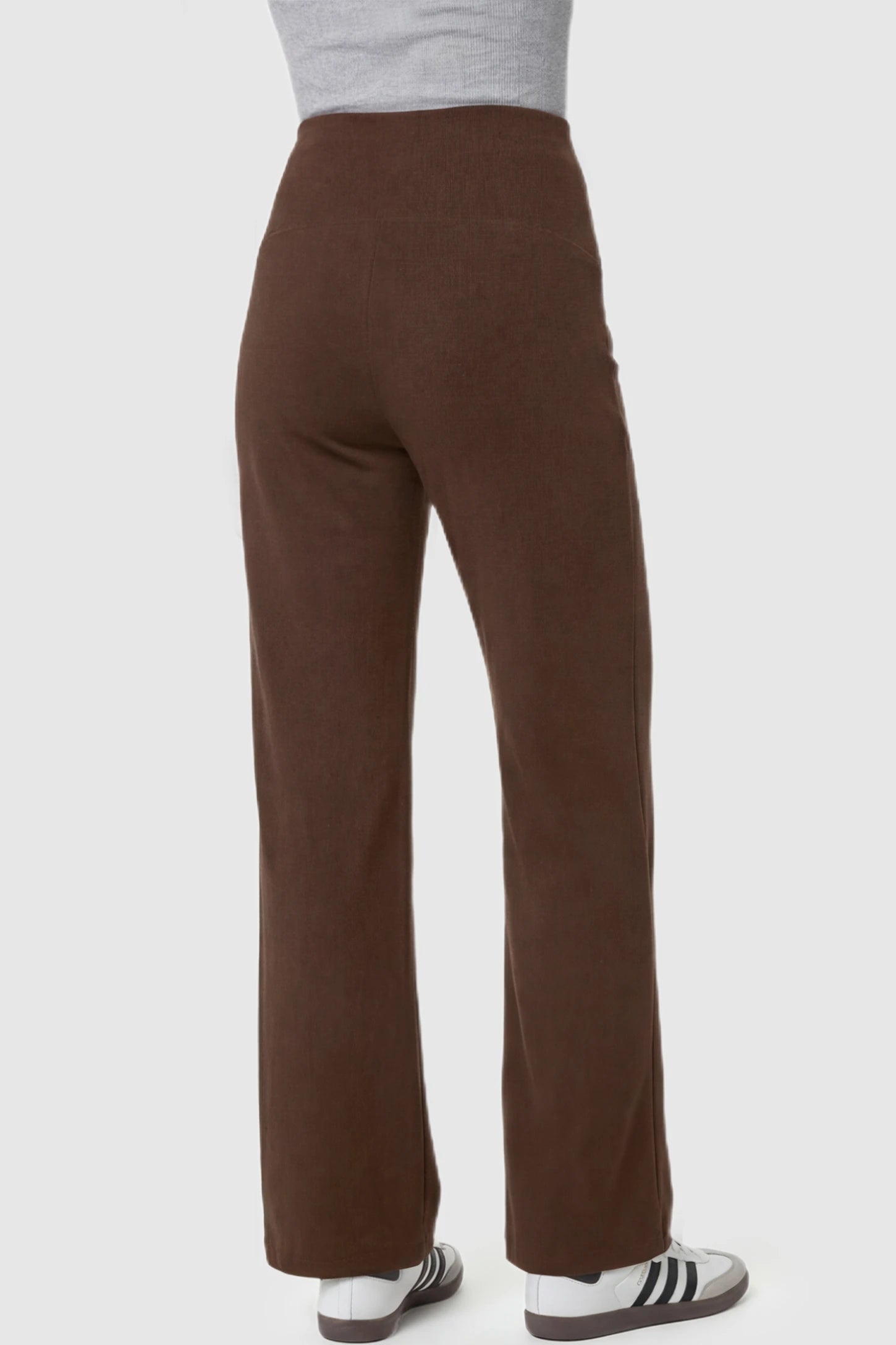High Stretch Wide Leg Pocketed Maternity Pants High-Stretch Wide Leg Pocketed Maternity Pants in Coffee featuring a high stretch on a pregnant model showing back.