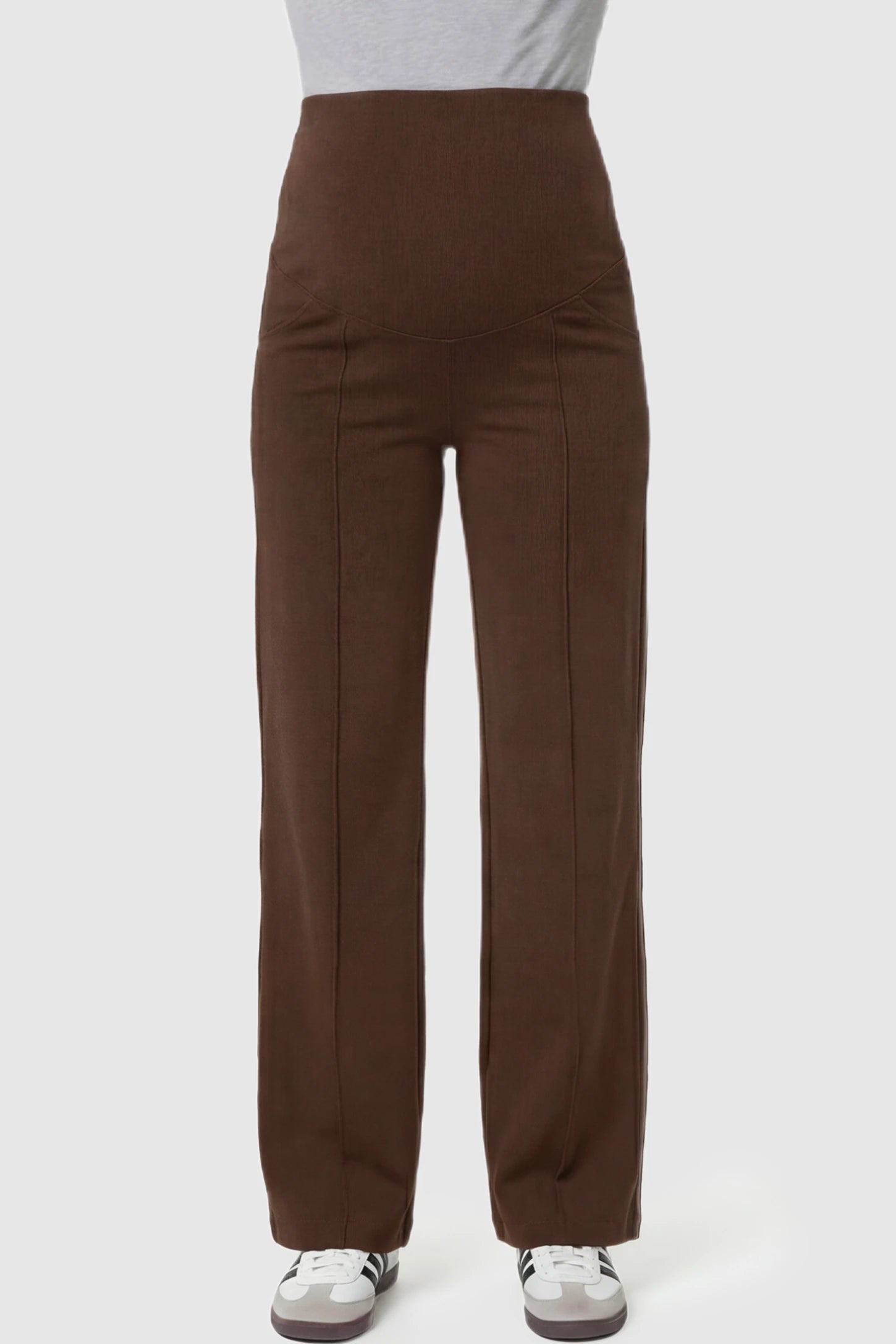 High Stretch Wide Leg Pocketed Maternity Pants High-Stretch Wide Leg Pocketed Maternity Pants in Coffee featuring a seamless over-the-bump panel and side pocket on a pregnant model showing front.