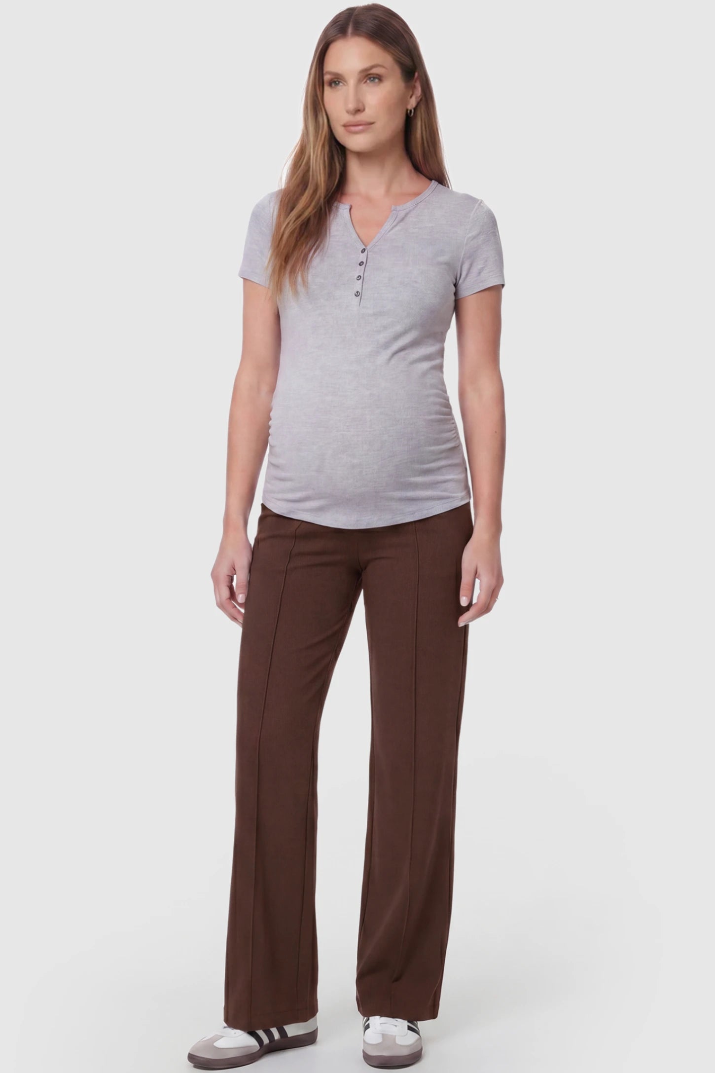 High Stretch Wide Leg Pocketed Maternity Pants High-Stretch Wide Leg Pocketed Maternity Pants in Coffee featuring a seamless over-the-bump panel and side pocket on a pregnant model, full body view.