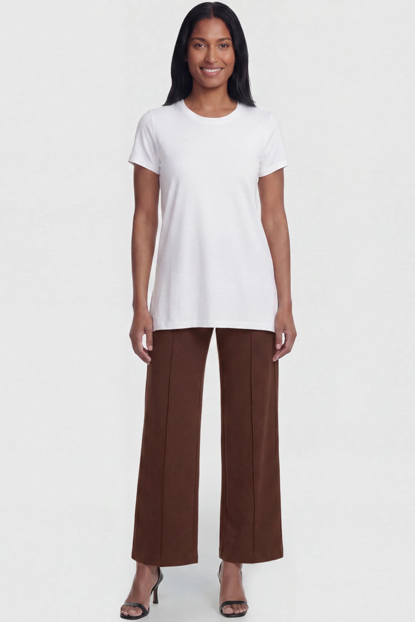 High Stretch Wide Leg Pocketed Maternity Pants High-Stretch Wide Leg Pocketed Maternity Pants in Coffee featuring a seamless over-the-bump panel and side pocket on a postpartum model, full body view.