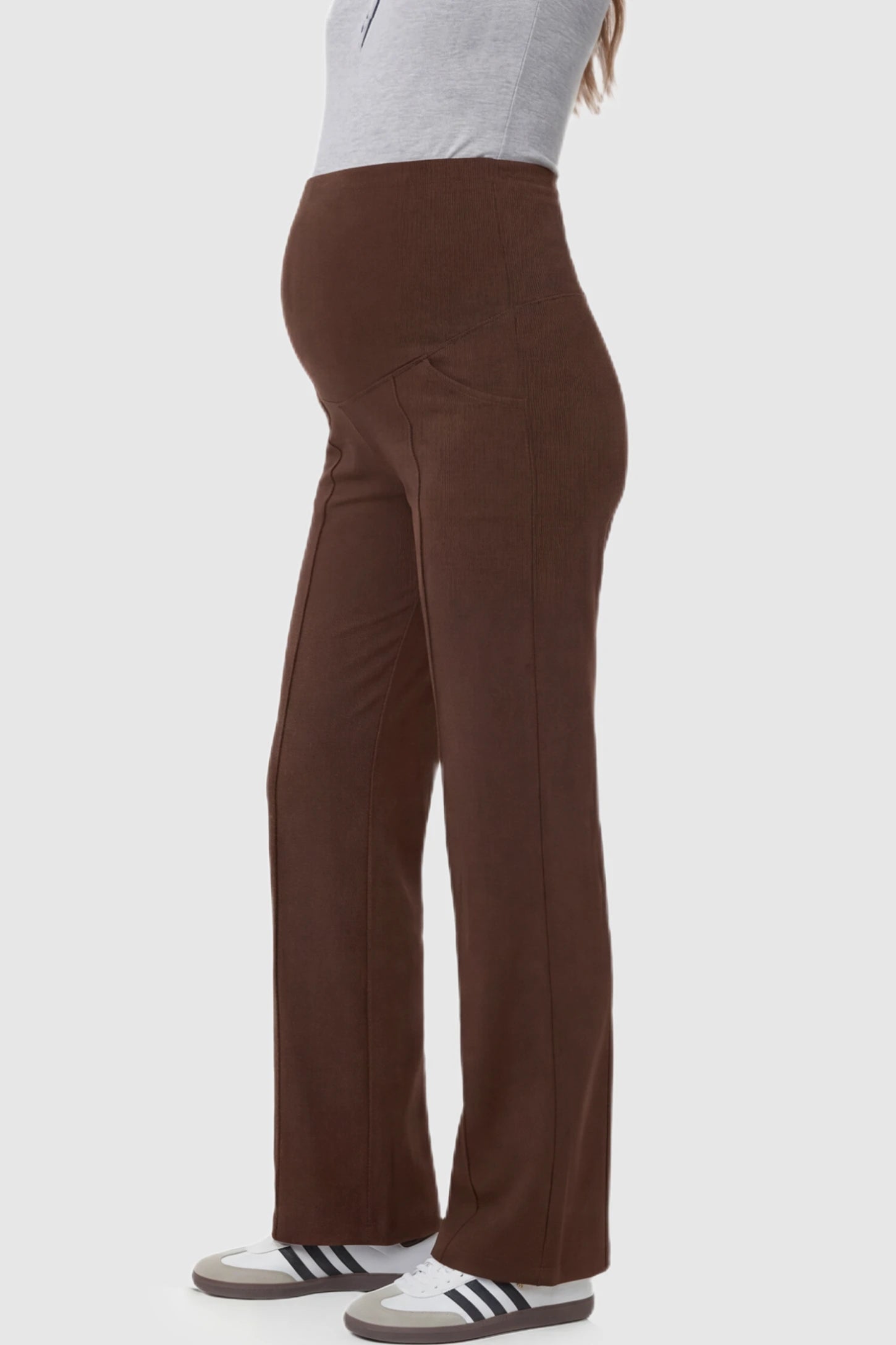 High Stretch Wide Leg Pocketed Maternity Pants High-Stretch Wide Leg Pocketed Maternity Pants in Coffee featuring a seamless over-the-bump panel and side pocket on a pregnant model showing side.