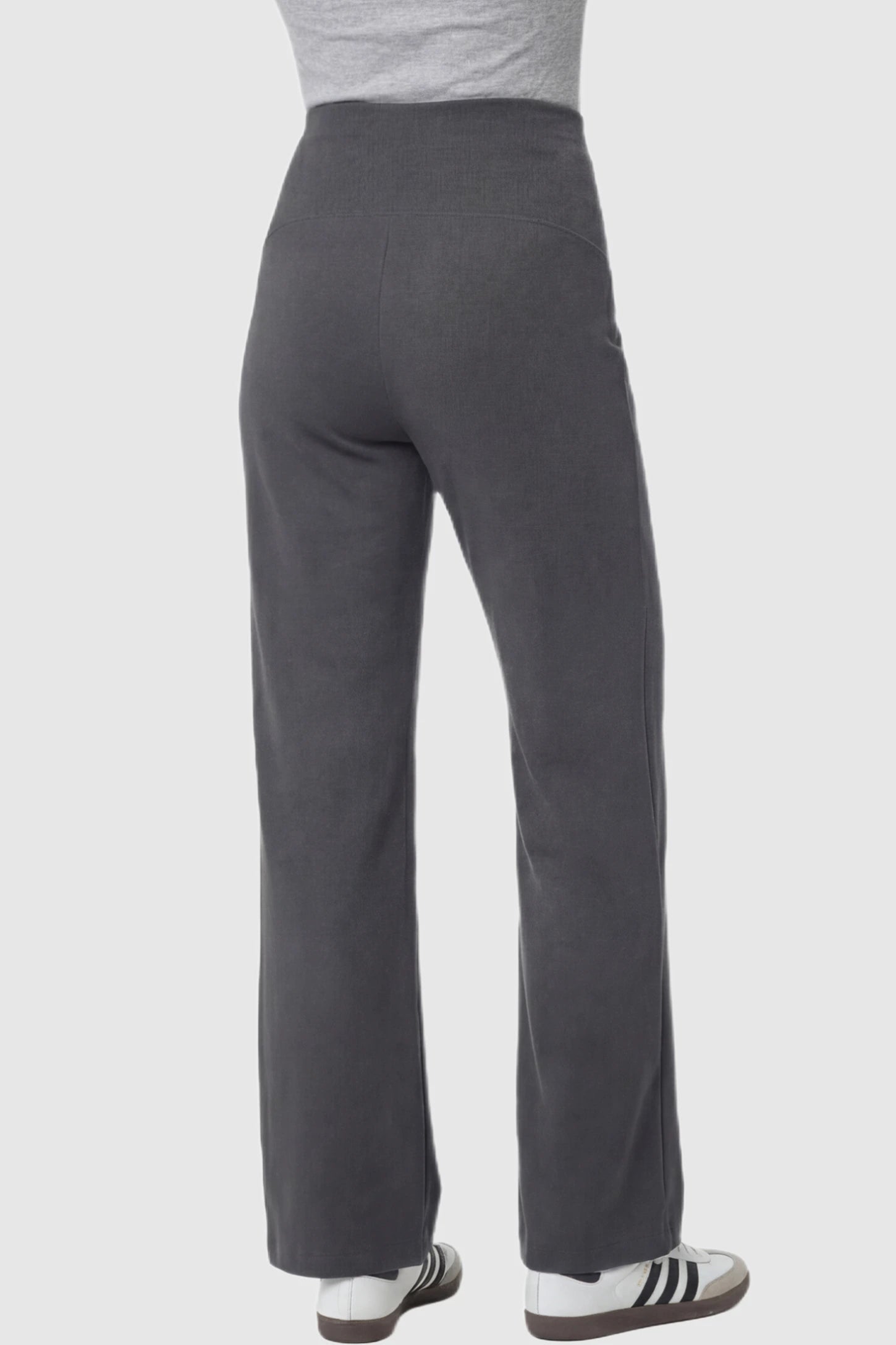 High Stretch Wide Leg Pocketed Maternity Pants High-Stretch Wide Leg Pocketed Maternity Pants in Dark Gray featuring a high stretch on a pregnant model showing back.