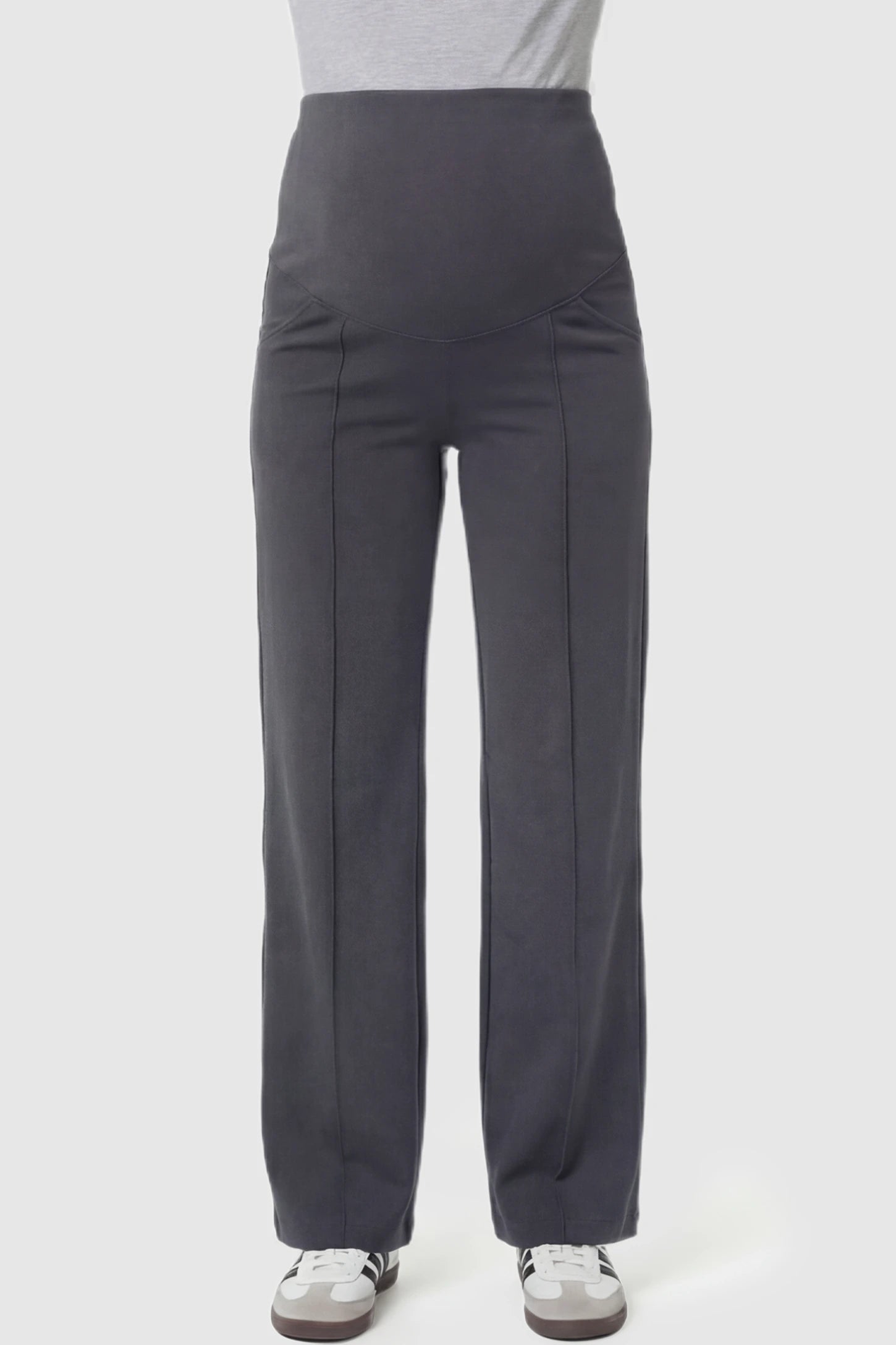 High Stretch Wide Leg Pocketed Maternity Pants High-Stretch Wide Leg Pocketed Maternity Pants in Dark Gray featuring a seamless over-the-bump panel and side pocket on a pregnant model showing front.