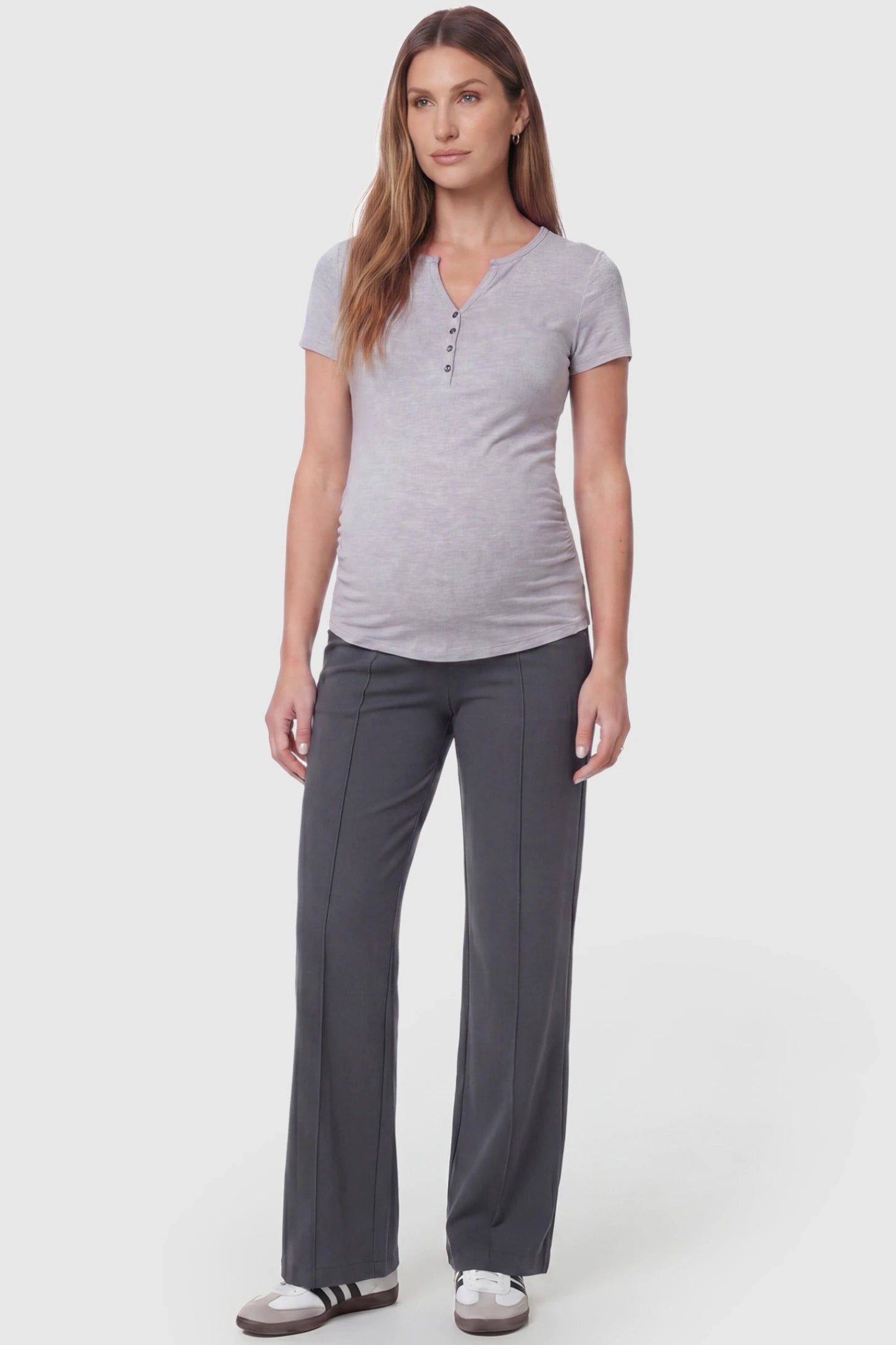 High Stretch Wide Leg Pocketed Maternity Pants High-Stretch Wide Leg Pocketed Maternity Pants in Dark Gray featuring a seamless over-the-bump panel and side pocket on a pregnant model, full body view.