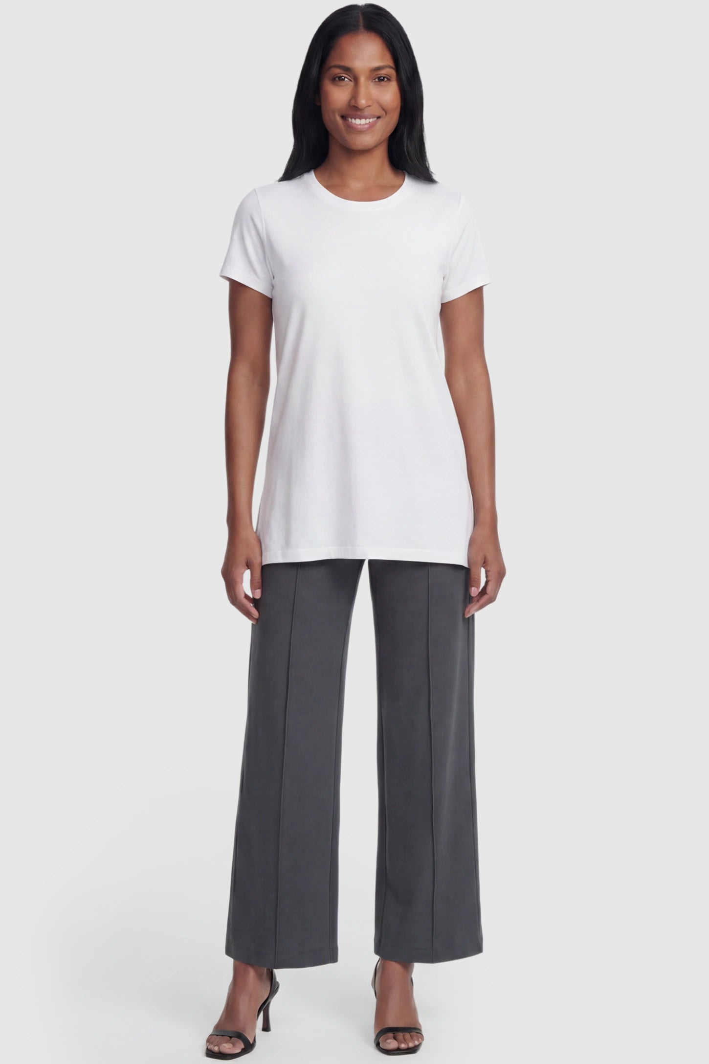 High Stretch Wide Leg Pocketed Maternity Pants High-Stretch Wide Leg Pocketed Maternity Pants in Dark Gray featuring a seamless over-the-bump panel and side pocket on a postpartum model, full body view.
