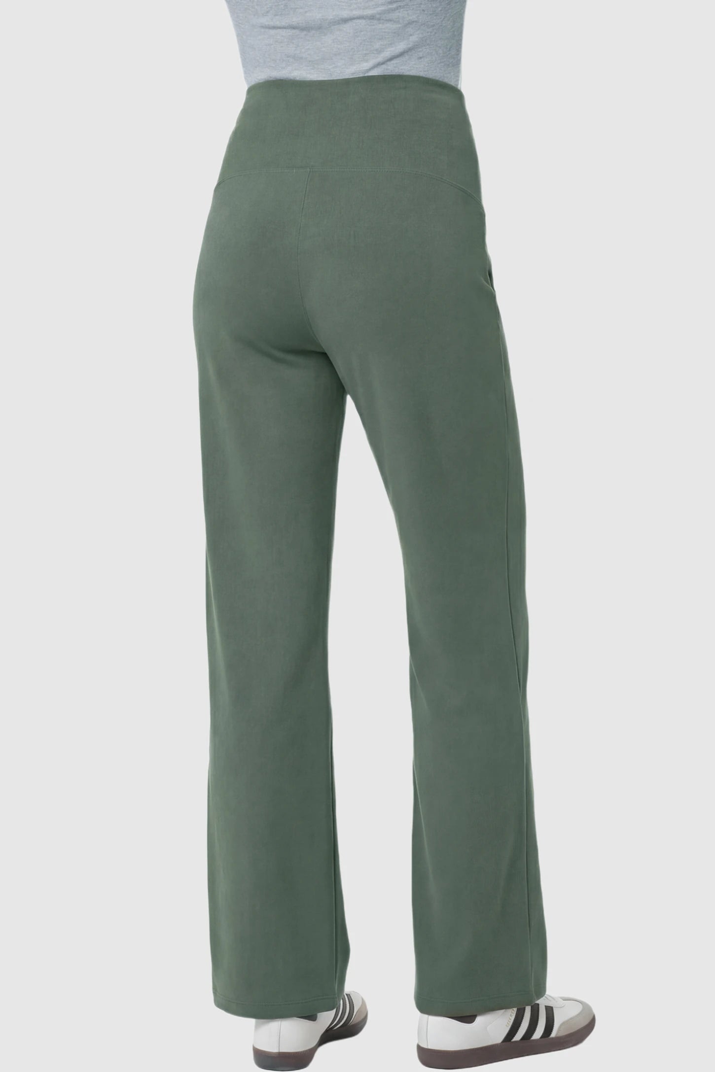 High Stretch Wide Leg Pocketed Maternity Pants High-Stretch Wide Leg Pocketed Maternity Pants in Green featuring a high stretch on a pregnant model showing back.