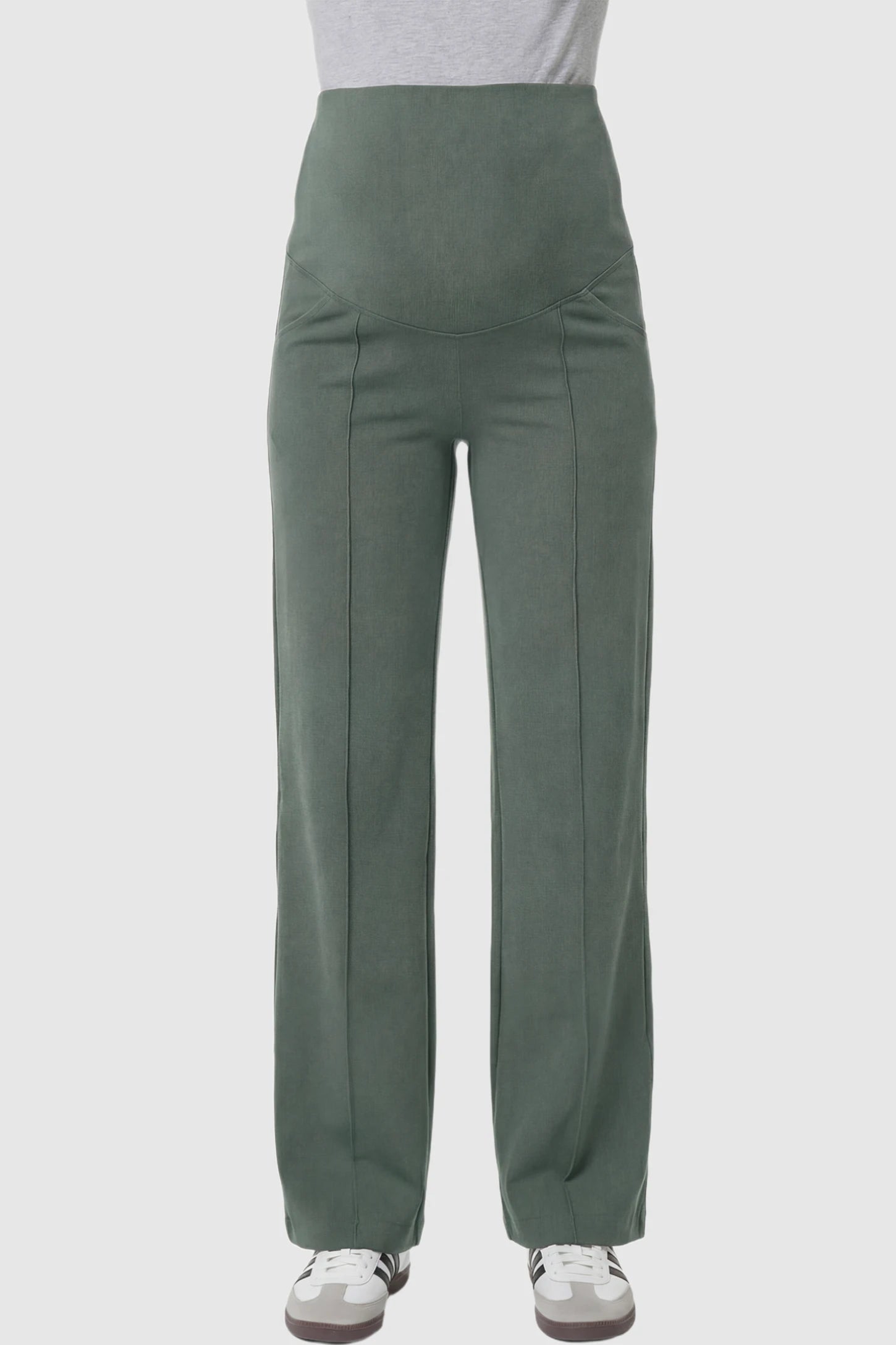 High Stretch Wide Leg Pocketed Maternity Pants High-Stretch Wide Leg Pocketed Maternity Pants in Green featuring a seamless over-the-bump panel and side pocket on a pregnant model showing front.