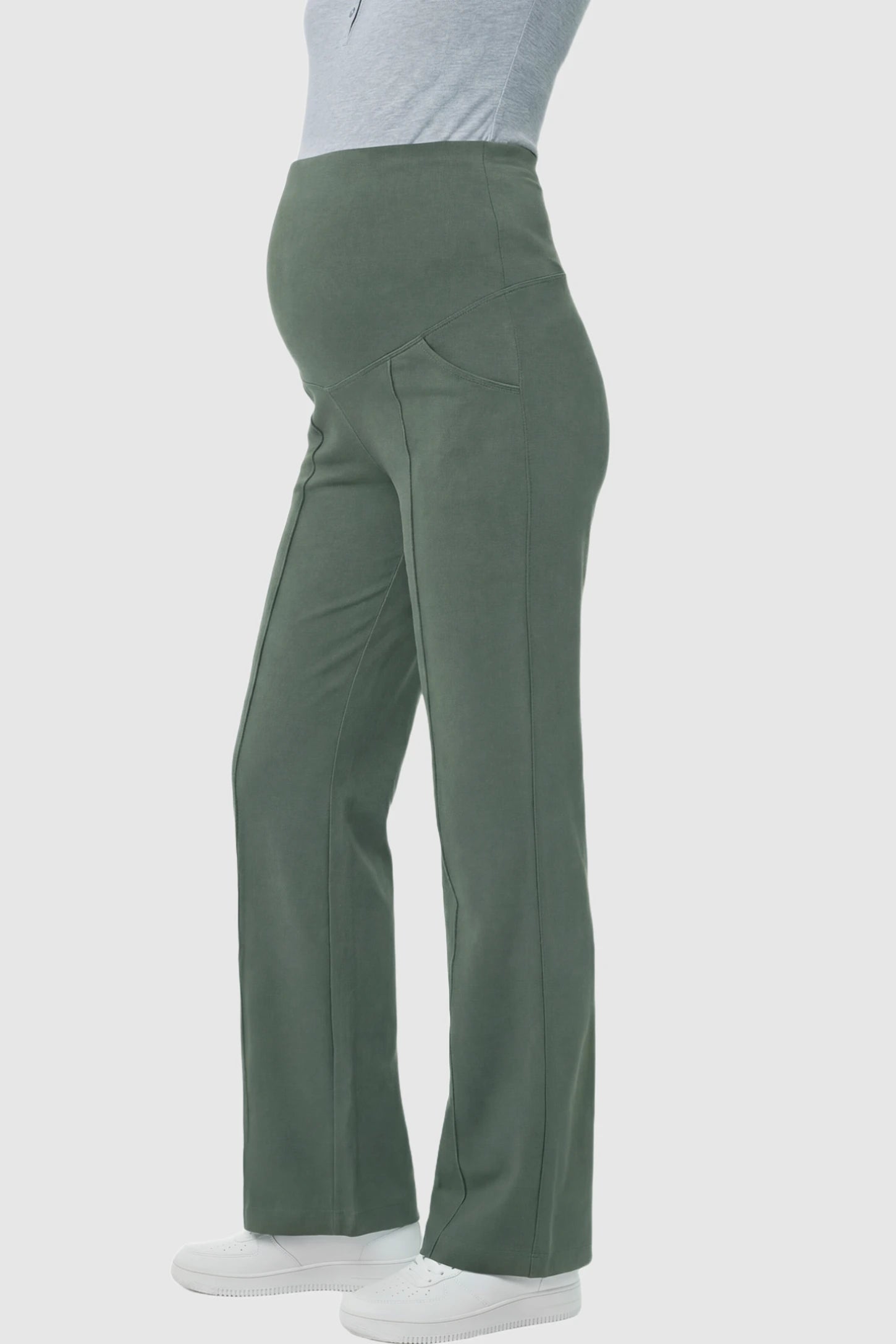 High Stretch Wide Leg Pocketed Maternity Pants High-Stretch Wide Leg Pocketed Maternity Pants in Green featuring a seamless over-the-bump panel and side pocket on a pregnant model showing side.