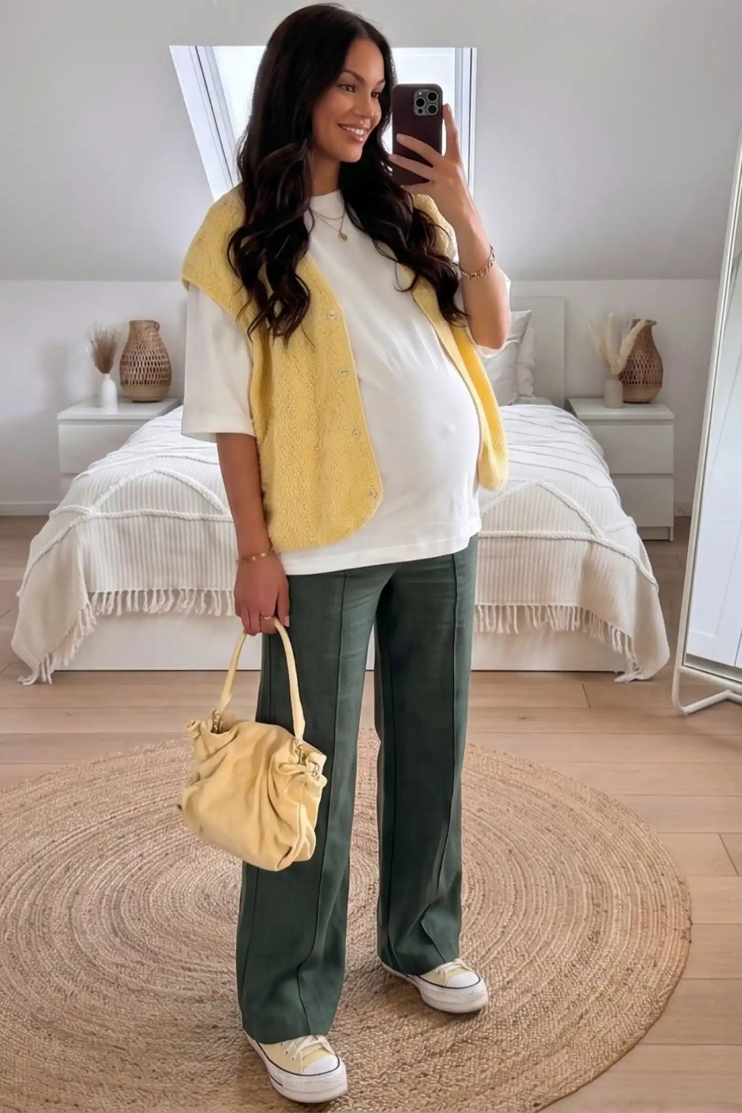 High Stretch Wide Leg Pocketed Maternity Pants High-Stretch Wide Leg Pocketed Maternity Pants in Green featuring a seamless over-the-bump panel and side pocket on a pregnant woman in indoor setting, full body view.