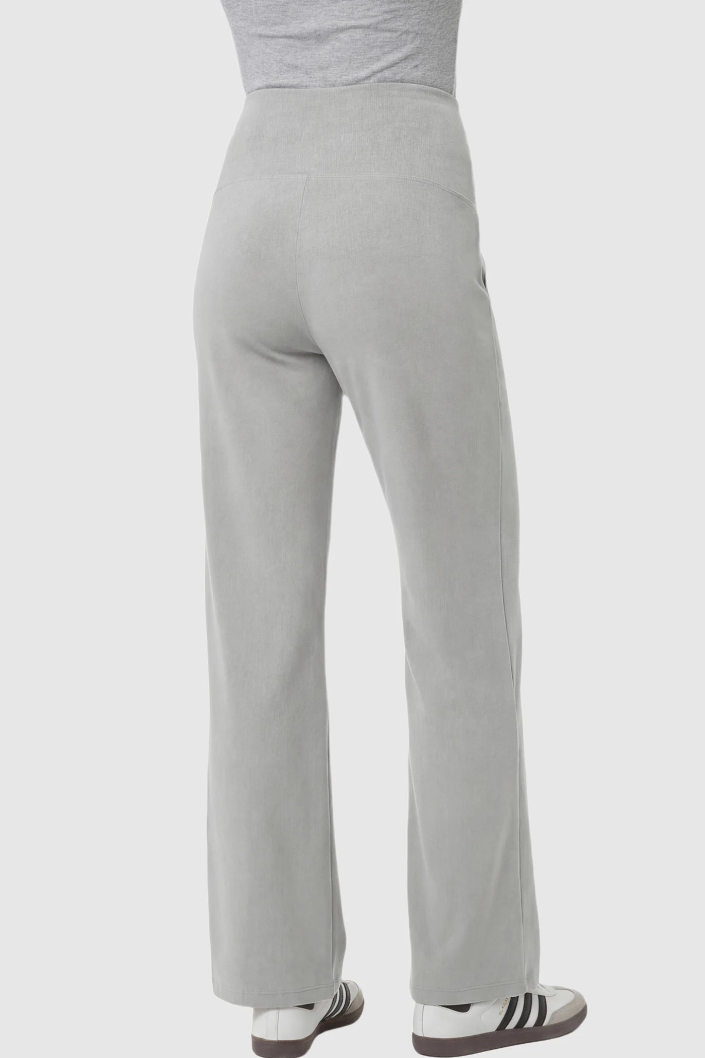 High Stretch Wide Leg Pocketed Maternity Pants High-Stretch Wide Leg Pocketed Maternity Pants in Light Gray featuring a high stretch on a pregnant model showing back.