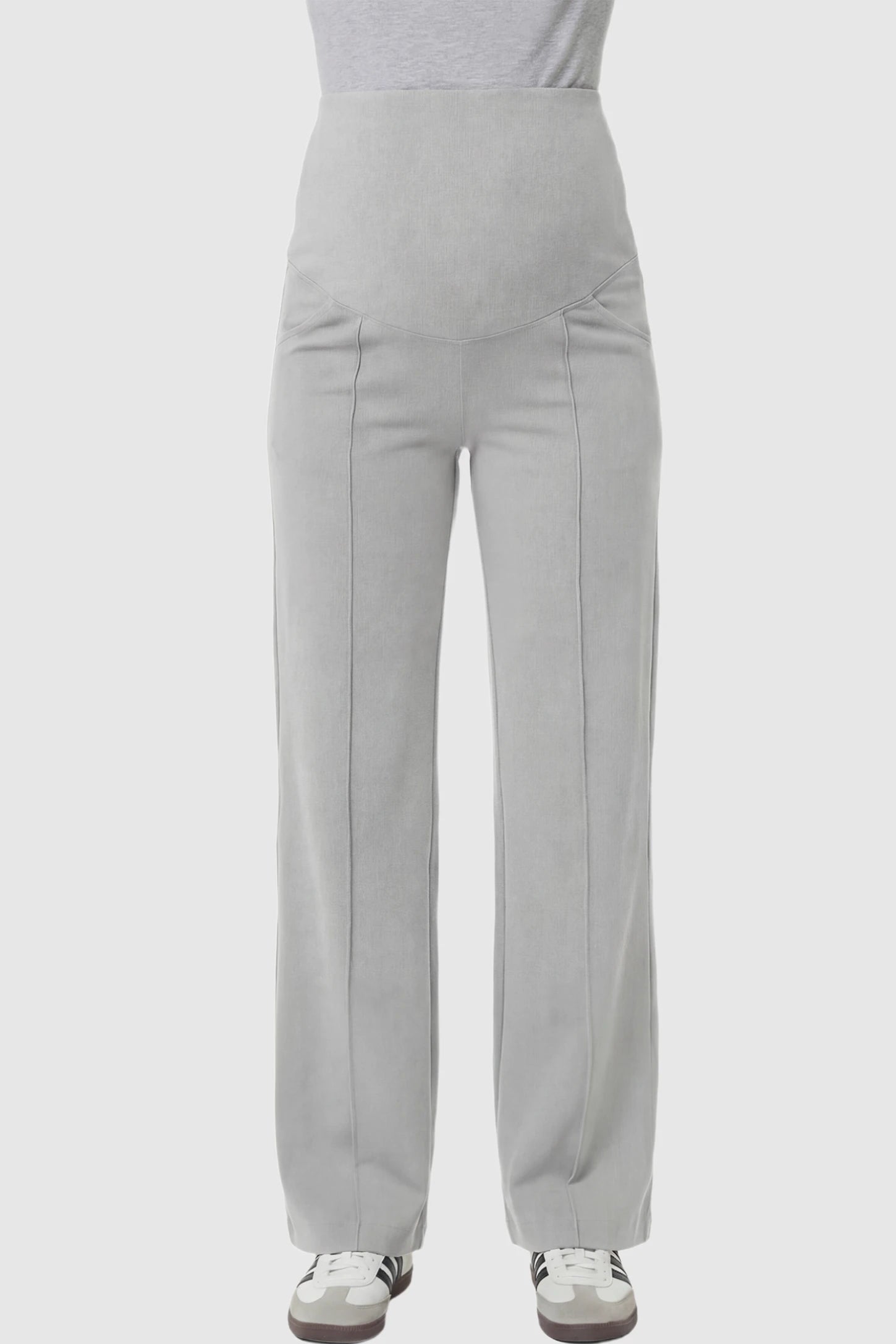 High Stretch Wide Leg Pocketed Maternity Pants High-Stretch Wide Leg Pocketed Maternity Pants in Light Gray featuring a seamless over-the-bump panel and side pocket on a pregnant model showing front.