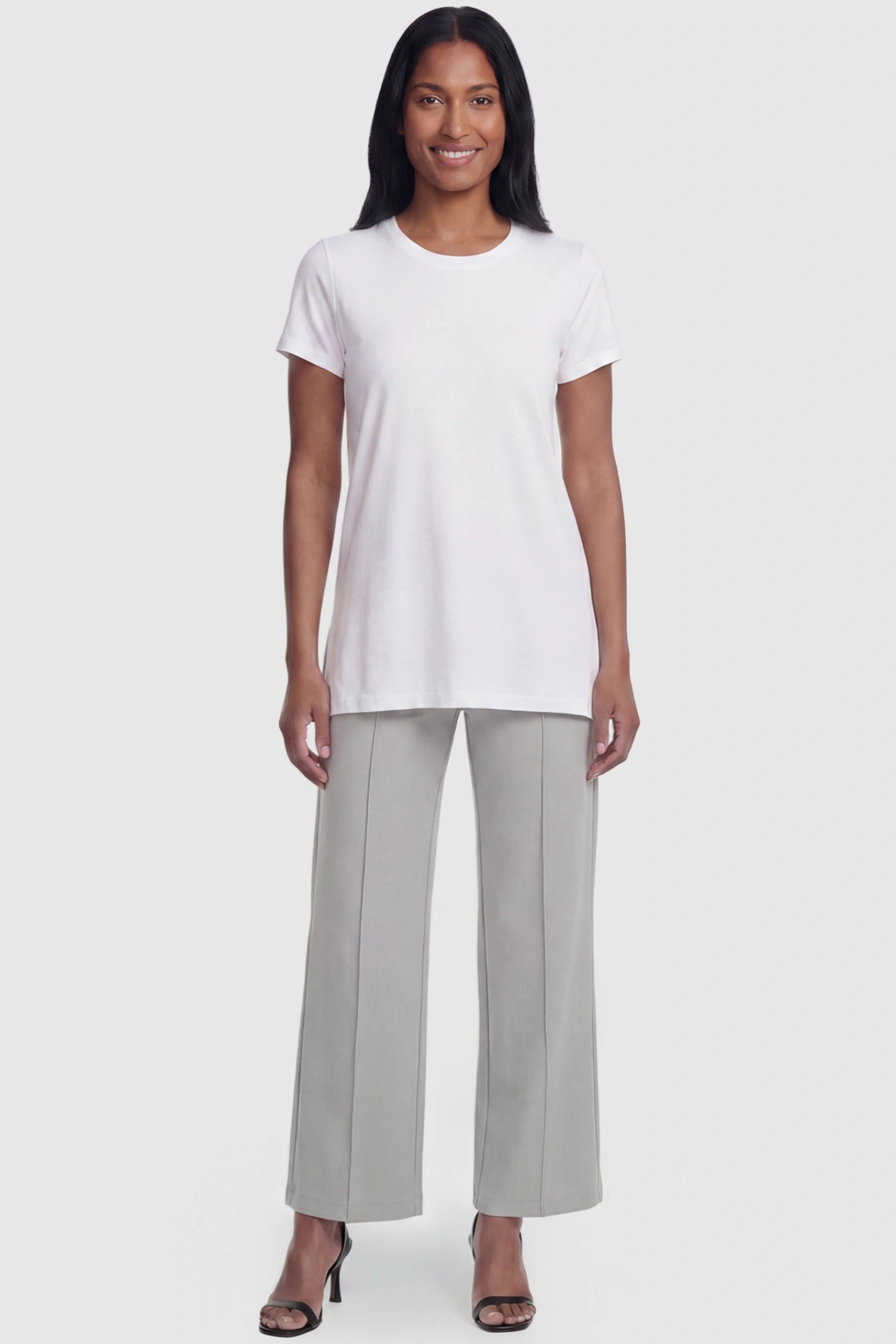 High Stretch Wide Leg Pocketed Maternity Pants High-Stretch Wide Leg Pocketed Maternity Pants in Light Gray featuring a seamless over-the-bump panel and side pocket on a postpartum model, full body view.