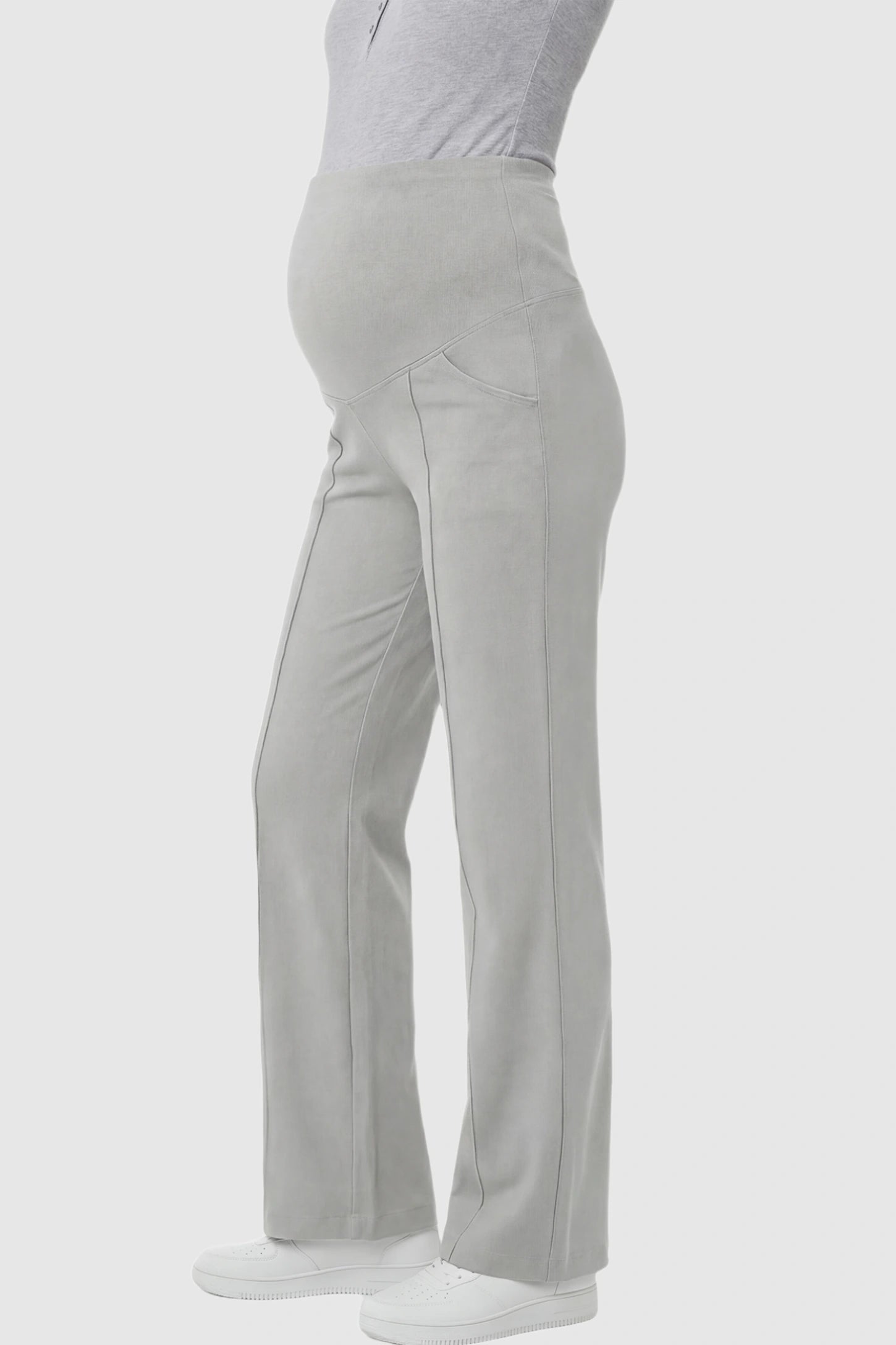High Stretch Wide Leg Pocketed Maternity Pants High-Stretch Wide Leg Pocketed Maternity Pants in Light Gray featuring a seamless over-the-bump panel and side pocket on a pregnant model showing side.