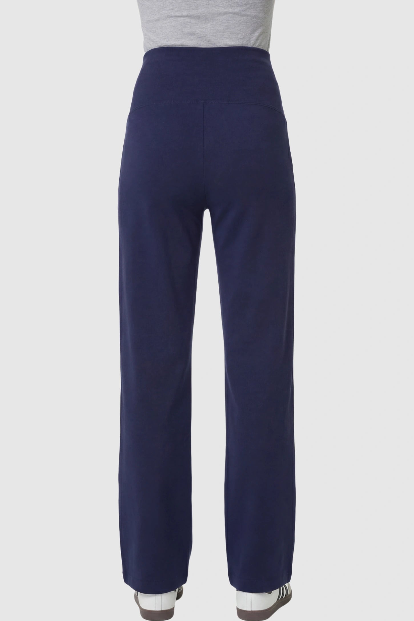 High Stretch Wide Leg Pocketed Maternity Pants High-Stretch Wide Leg Pocketed Maternity Pants in Navy Blue featuring a high stretch on a pregnant model showing back.