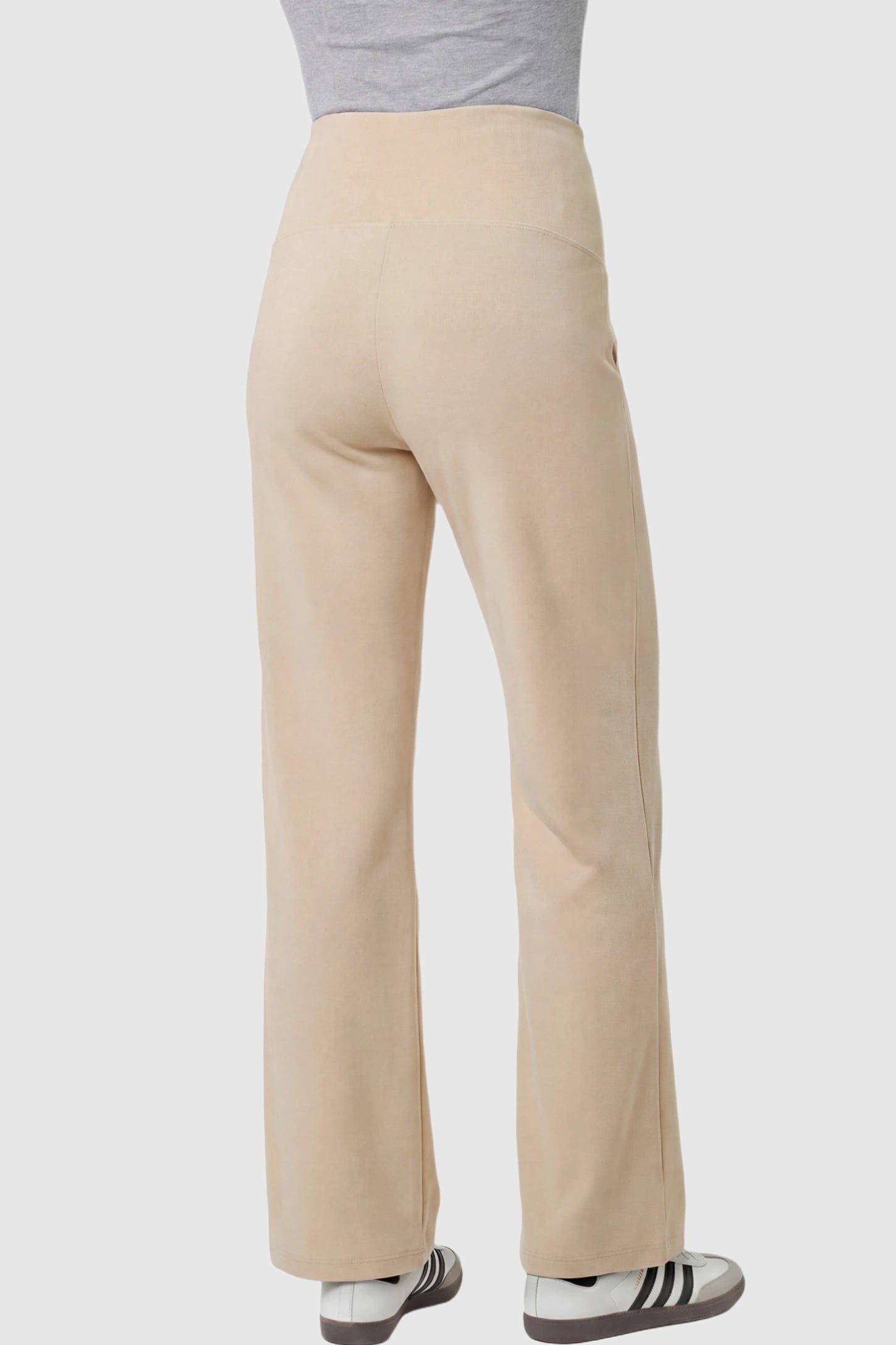 High Stretch Wide Leg Pocketed Maternity Pants High-Stretch Wide Leg Pocketed Maternity Pants in Off White featuring a high stretch on a pregnant model showing back.